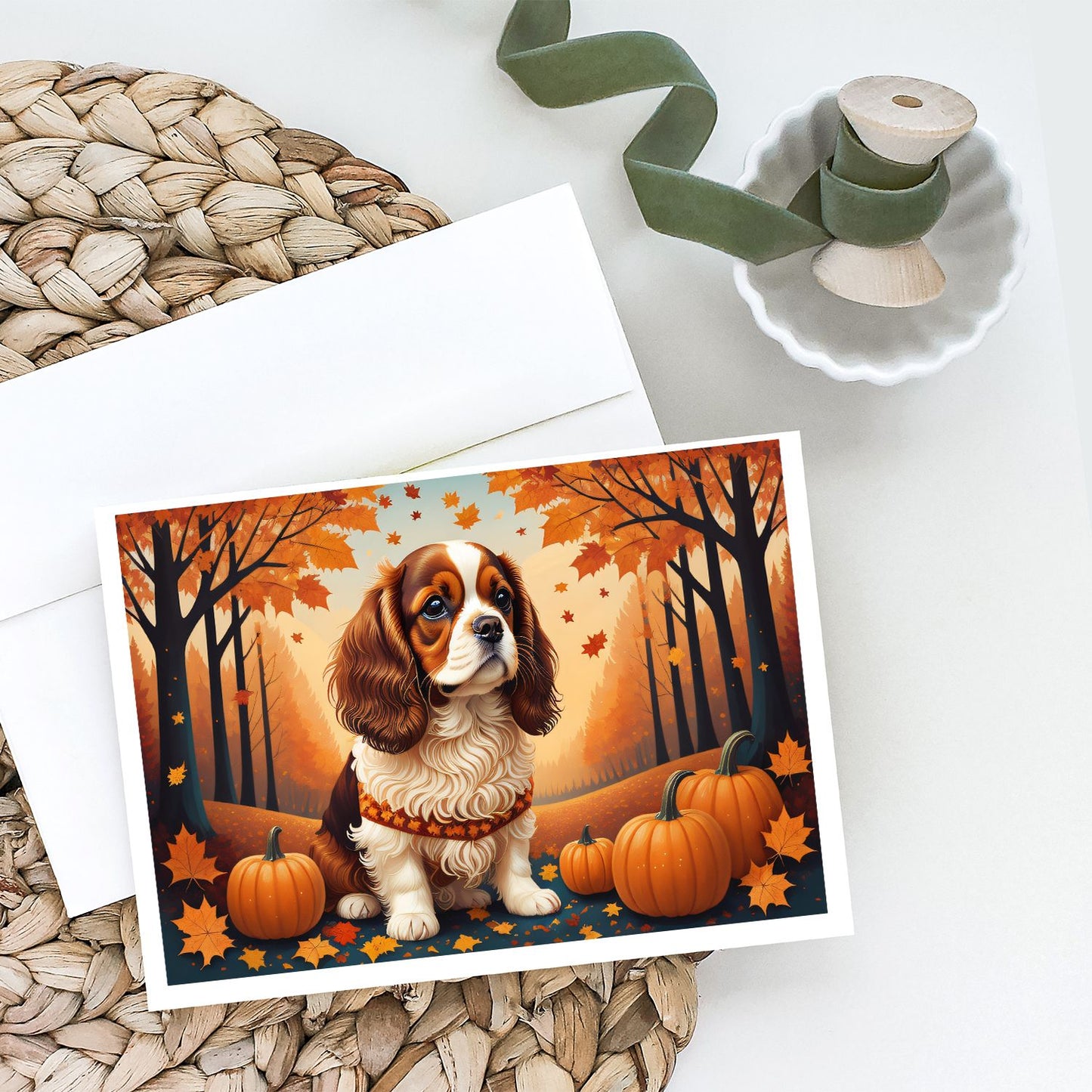 Cavalier Spaniel Fall Greeting Cards Pack of 8 Blank Cards with Envelopes Whimsical A7 Size 5x7 Blank Note Cards