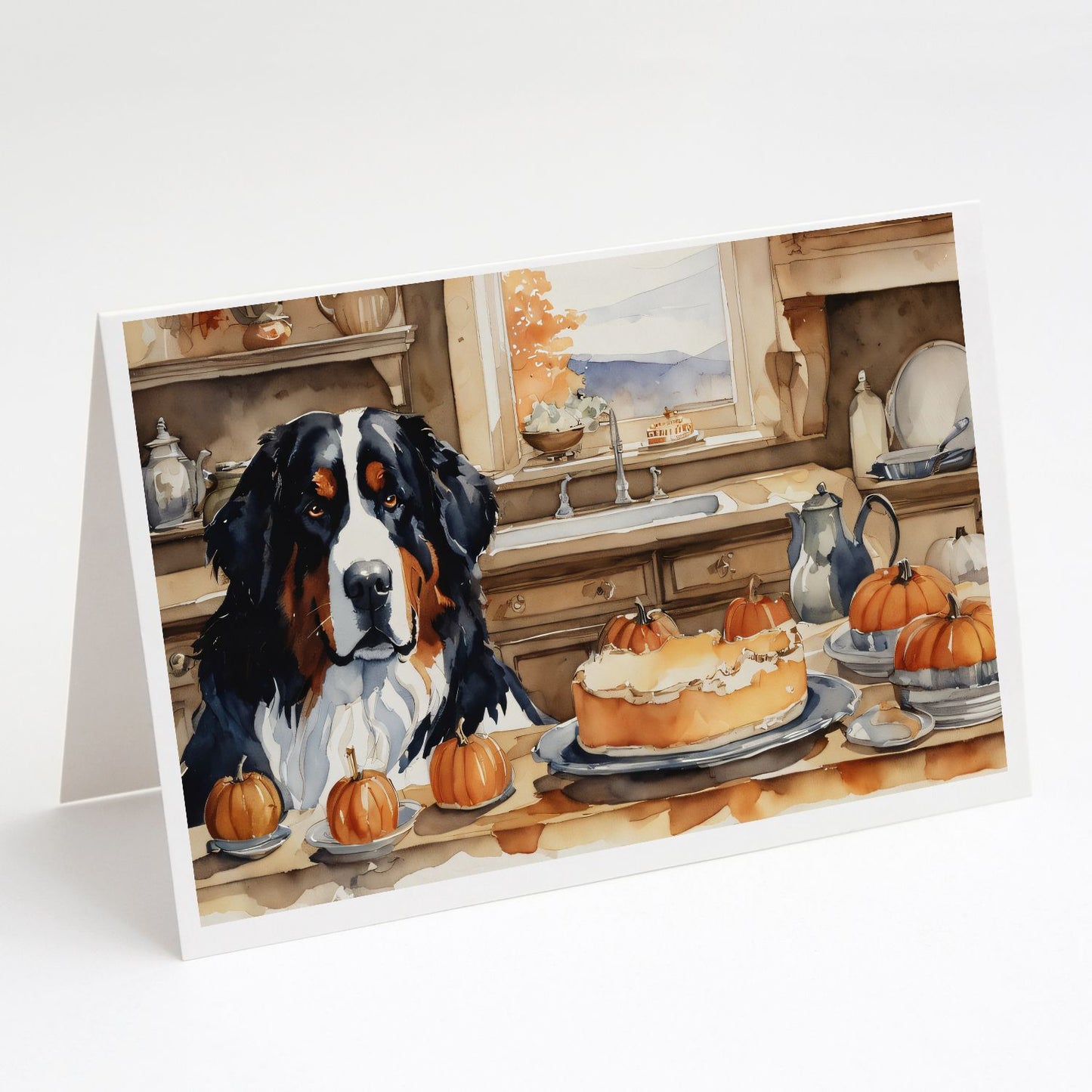 Bernese Mountain Dog Fall Kitchen Pumpkins Greeting Cards Pack of 8 Blank Cards with Envelopes Whimsical A7 Size 5x7 Blank Note Cards