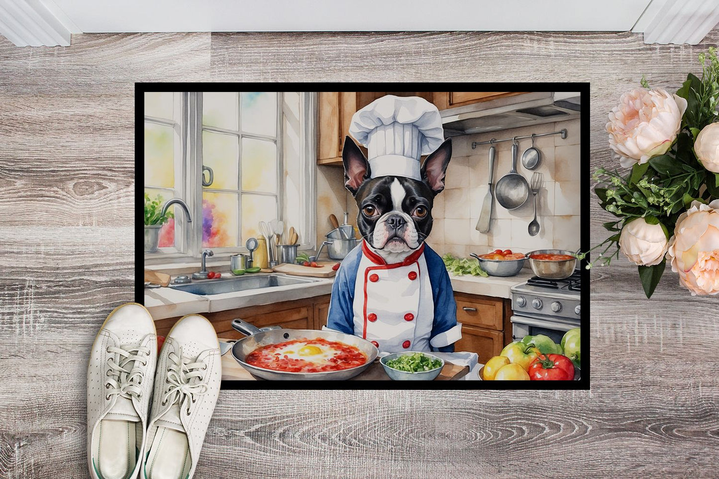 Boston Terrier The Chef Doormat Front Door Mat Indoor Outdoor Rugs for Entryway, Non Slip Washable Low Pile, 24H X 36W