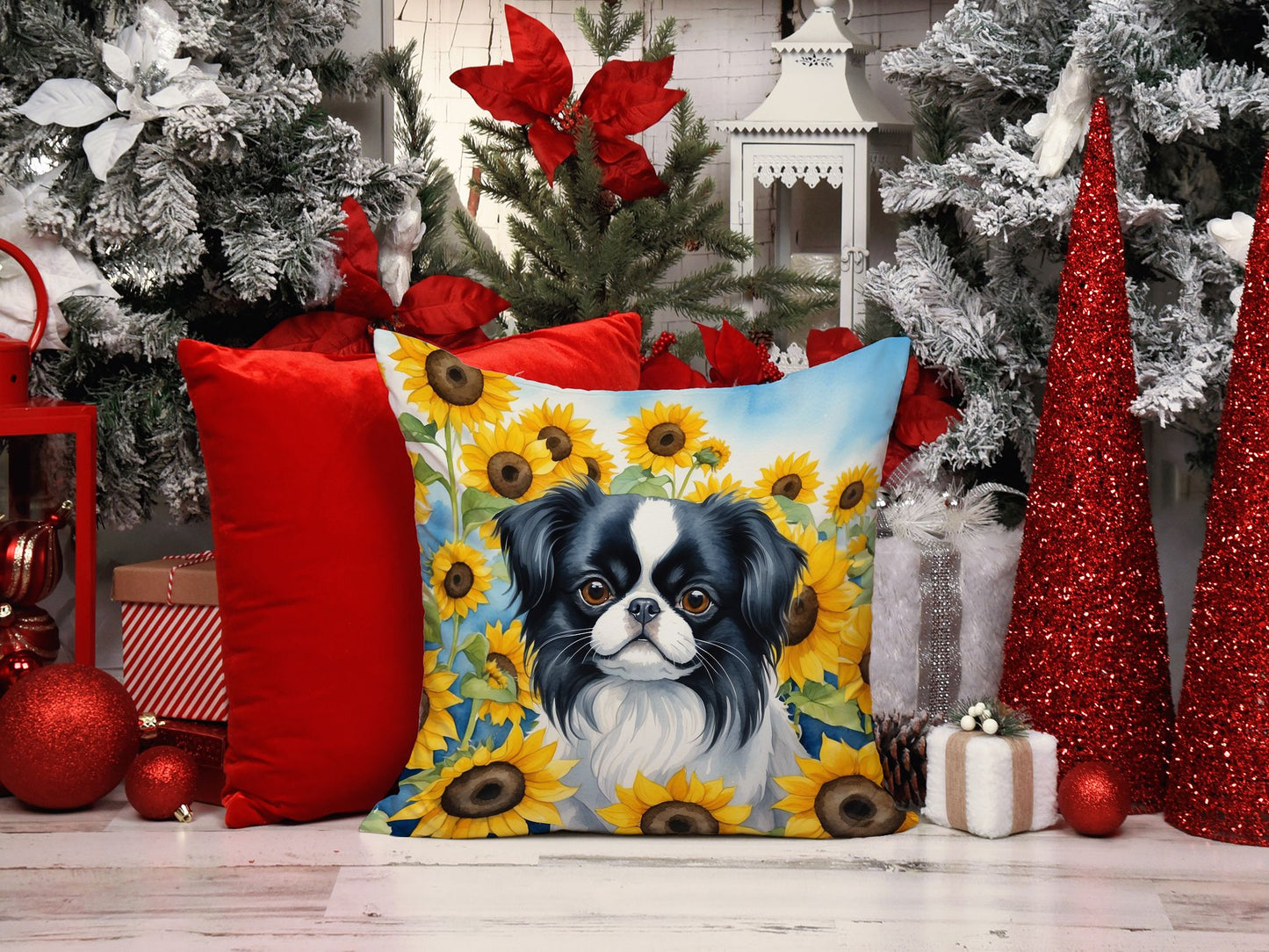 Japanese Chin in Sunflowers Throw Pillow Machine Washable, Indoor Outdoor Decorative Pillow for Couch, Bed or Patio, 14Hx14W