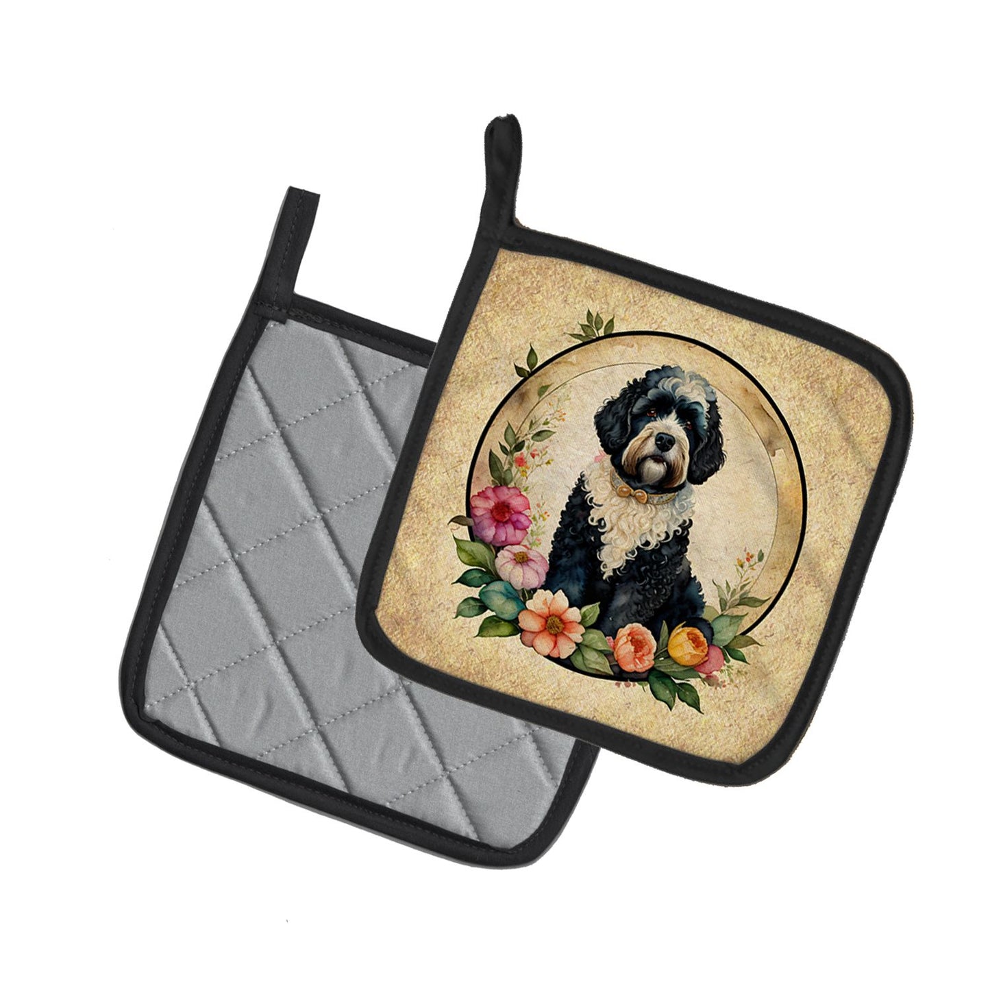 Portuguese Water Dog and Flowers Pair of Pot Holders Kitchen Heat Resistant Pot Holders Sets Oven Hot Pads for Cooking Baking BBQ, 7 1/2 x 7 1/2