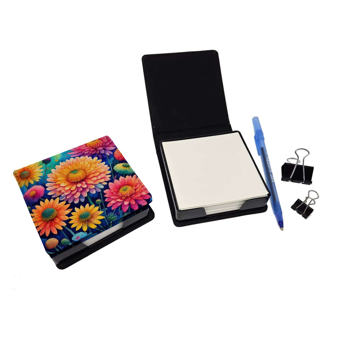 Colorful Chrysanthemums PU Leather Note Paper Holder with Artist-Designed Cover, Desk Accessory, Office Gift