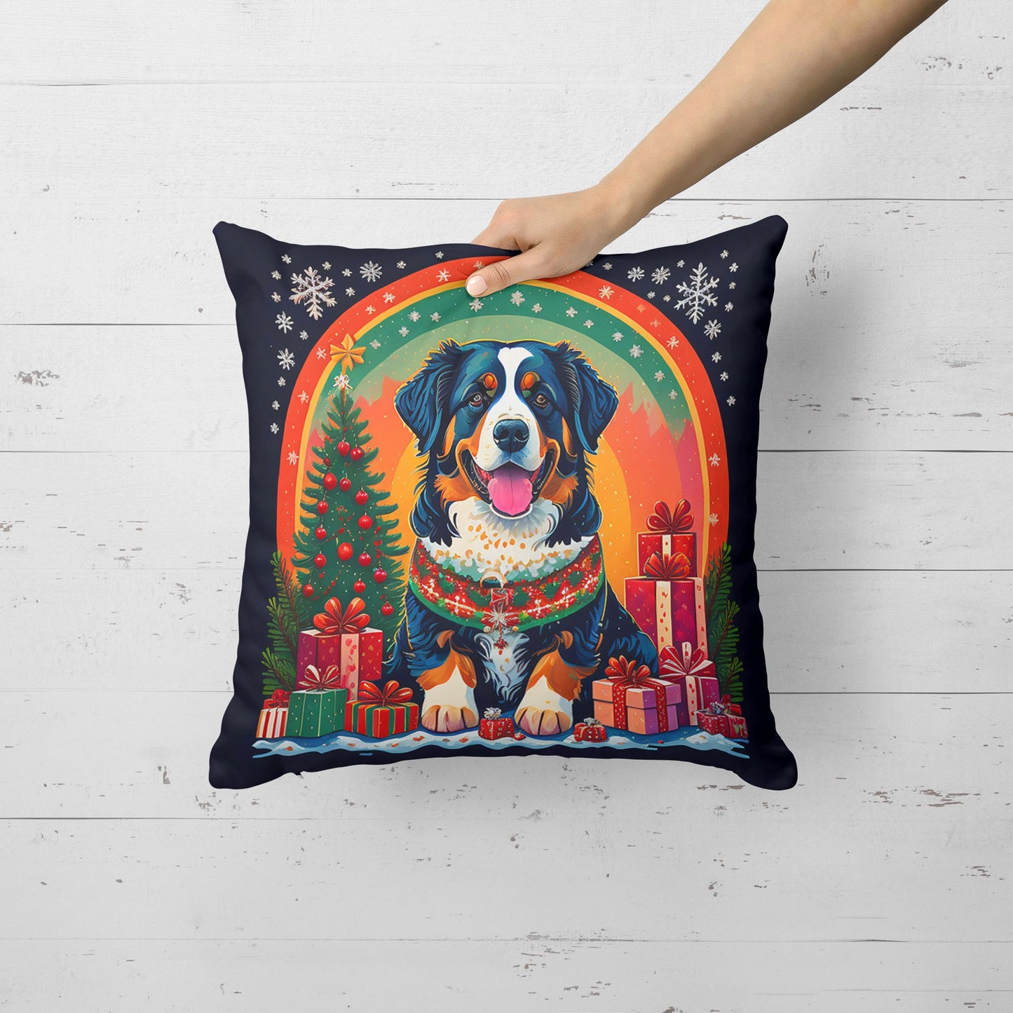 Bernese Mountain Dog Christmas Throw Pillow Machine Washable, Indoor Outdoor Decorative Pillow for Couch, Bed or Patio, 18Hx18W