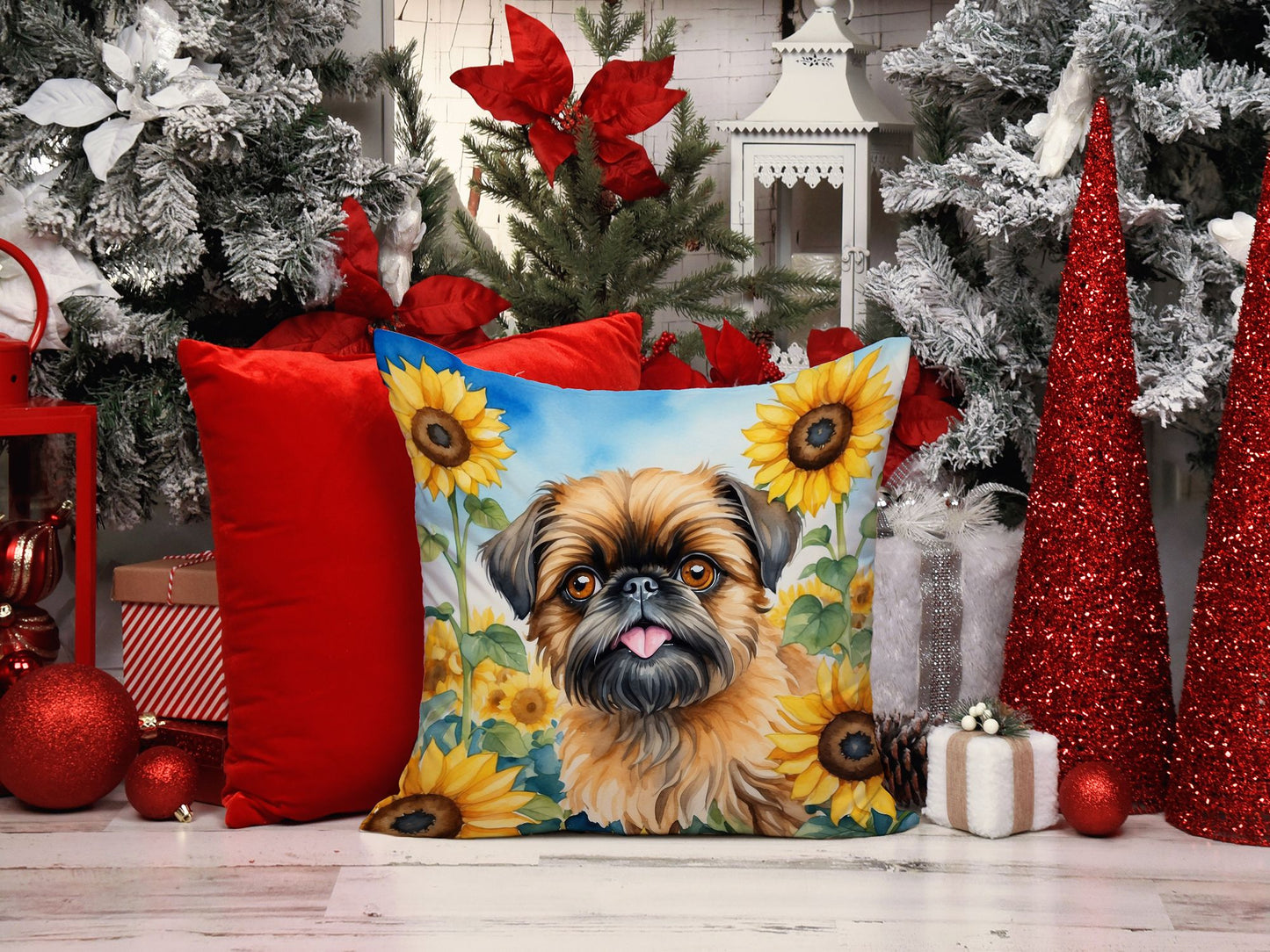 Brussels Griffon in Sunflowers Throw Pillow Machine Washable, Indoor Outdoor Decorative Pillow for Couch, Bed or Patio, 14Hx14W