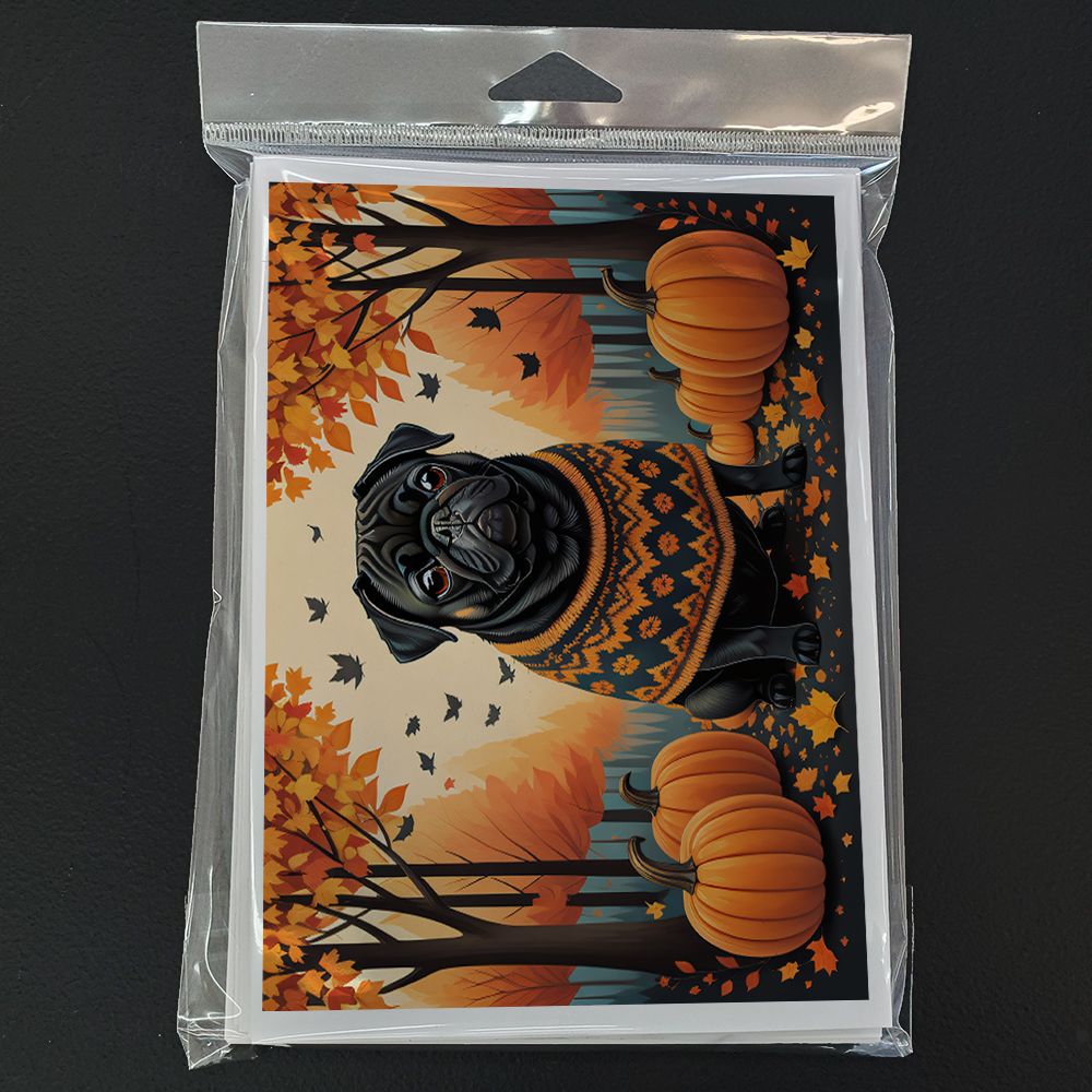 Black Pug Fall Greeting Cards Pack of 8 Blank Cards with Envelopes Whimsical A7 Size 5x7 Blank Note Cards