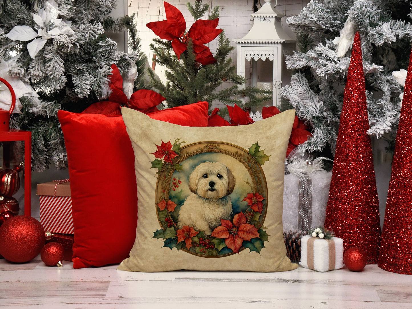 Coton De Tulear Christmas Flowers Throw Pillow Machine Washable, Indoor Outdoor Decorative Pillow for Couch, Bed or Patio, 18Hx18W