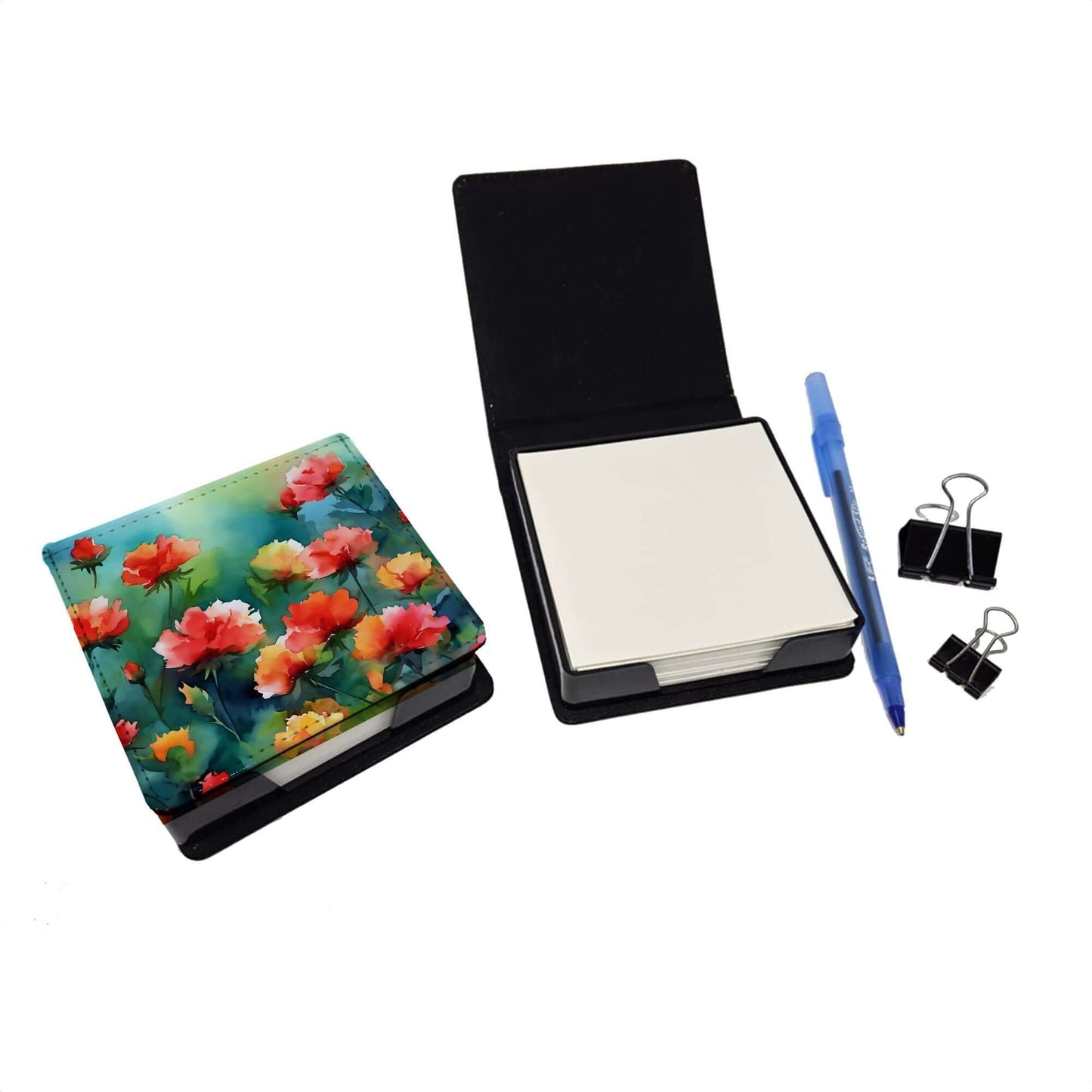 Ohio Scarlet Carnations in Watercolor PU Leather Note Paper Holder with Artist-Designed Cover, Desk Accessory, Office Gift
