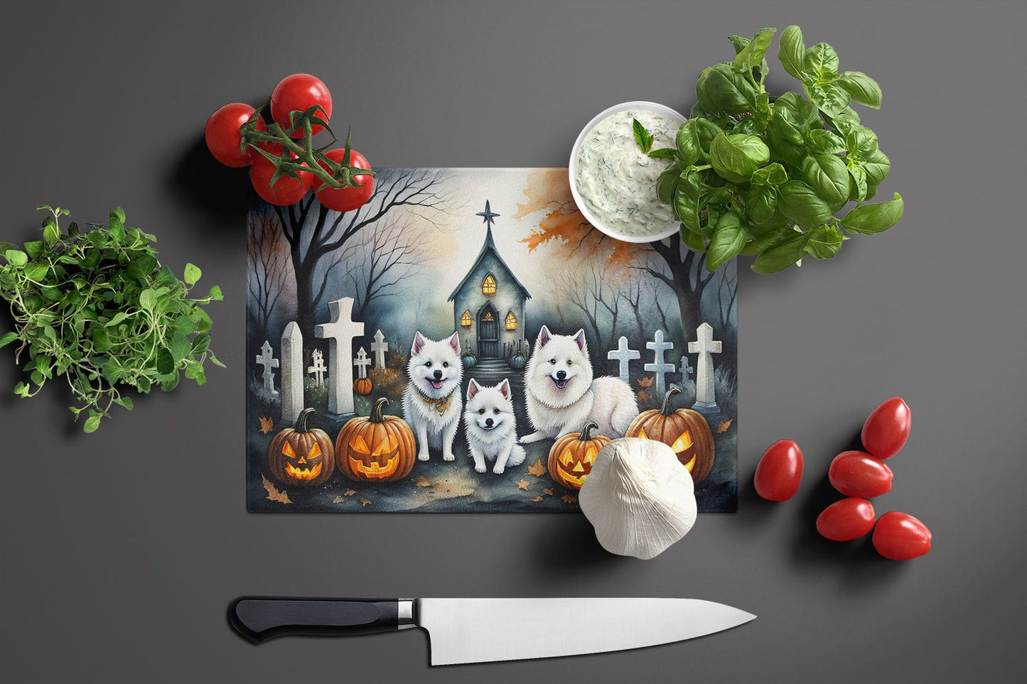 NEW American Eskimo Spooky Halloween Glass Cutting Board Decorative Tempered Glass Kitchen Cutting and Serving Board Large Size Chopping Board