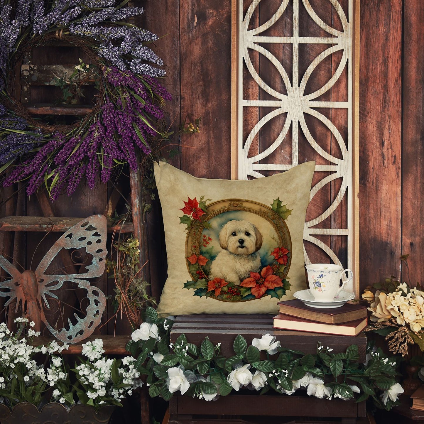 Coton De Tulear Christmas Flowers Throw Pillow Machine Washable, Indoor Outdoor Decorative Pillow for Couch, Bed or Patio, 18Hx18W