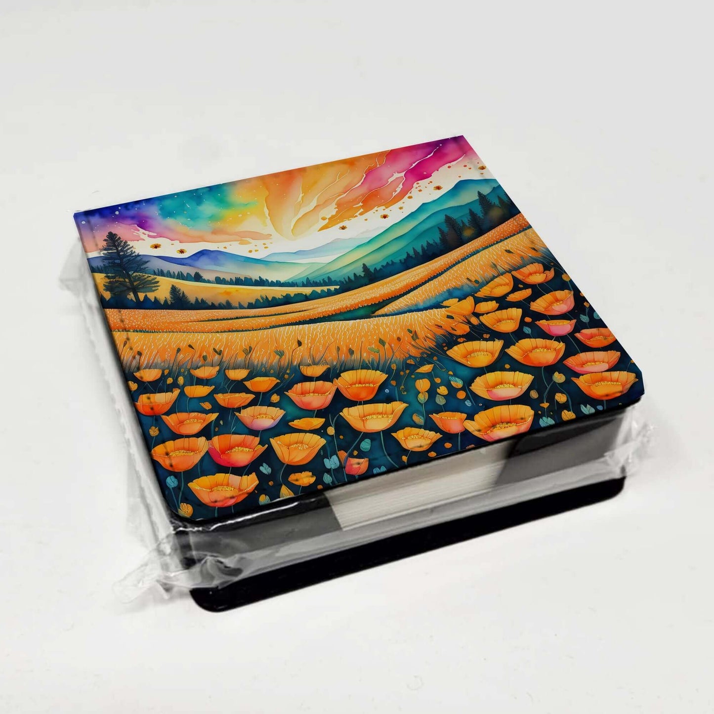 Colorful California poppies PU Leather Note Paper Holder with Artist-Designed Cover, Desk Accessory, Office Gift