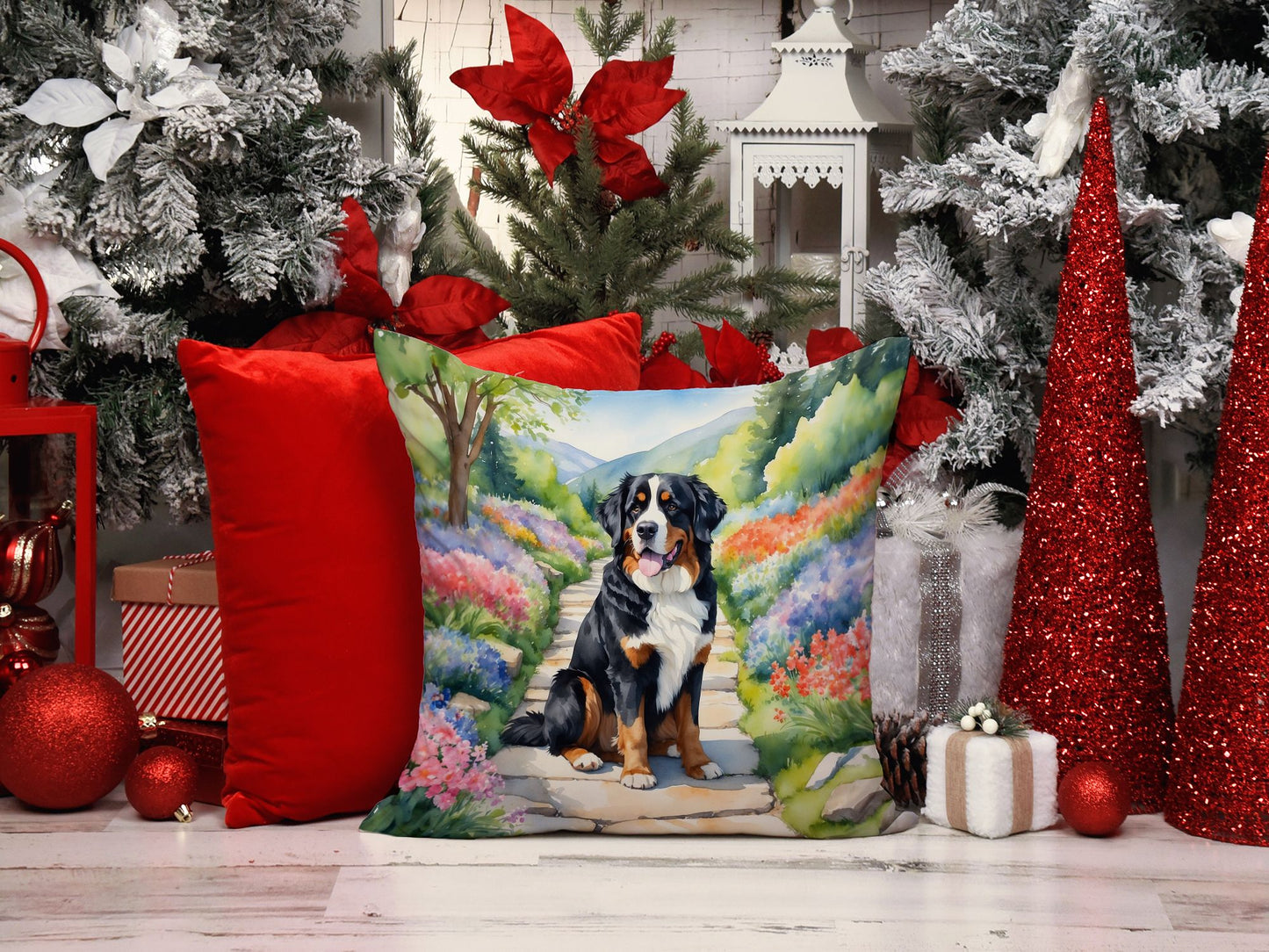 Bernese Mountain Dog Spring Path Throw Pillow Machine Washable, Indoor Outdoor Decorative Pillow for Couch, Bed or Patio, 14Hx14W