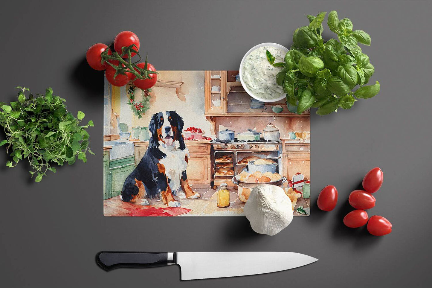 NEW Bernese Mountain Dog Christmas Cookies Glass Cutting Board Decorative Tempered Glass Kitchen Cutting and Serving Board Large Size Chopping Board