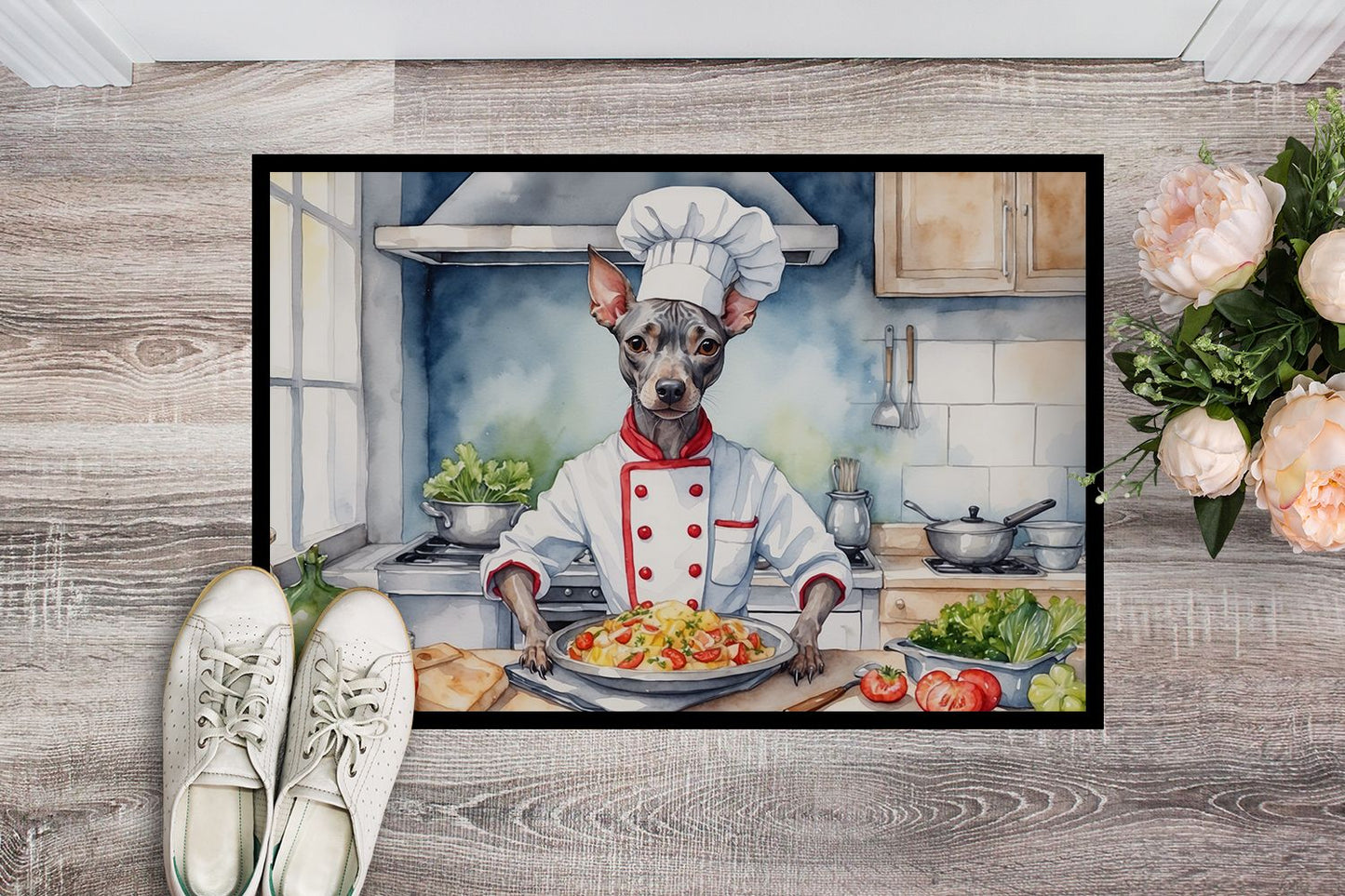 American Hairless Terrier The Chef Doormat Front Door Mat Indoor Outdoor Rugs for Entryway, Non Slip Washable Low Pile, 24H X 36W