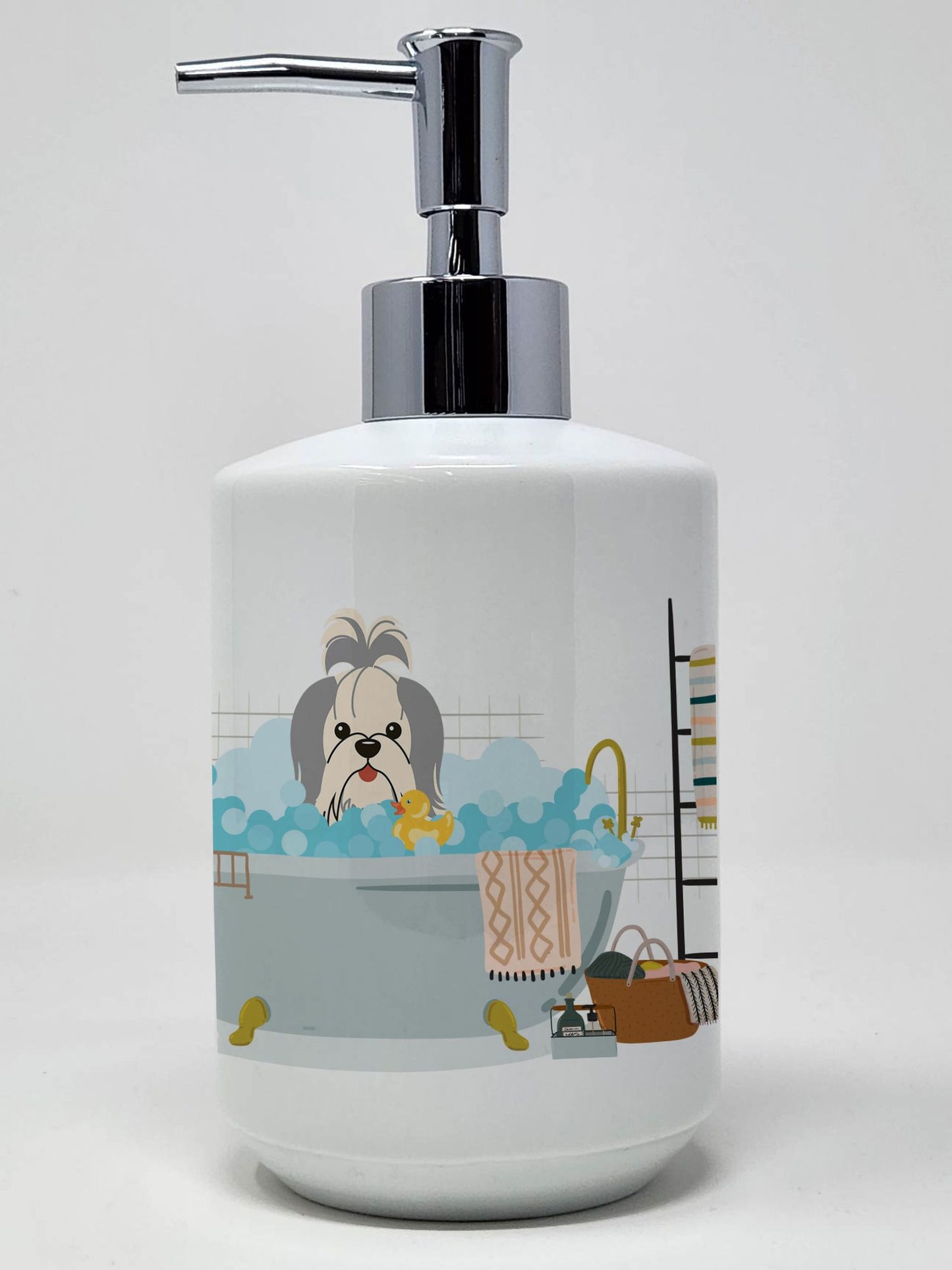 Silver White Shih Tzu in Bathtub Ceramic Soap Dispenser Hand Soap Dispenser Pump Bottles for Bathroom Kitchen, Empty Refillable Liquid Soap Container