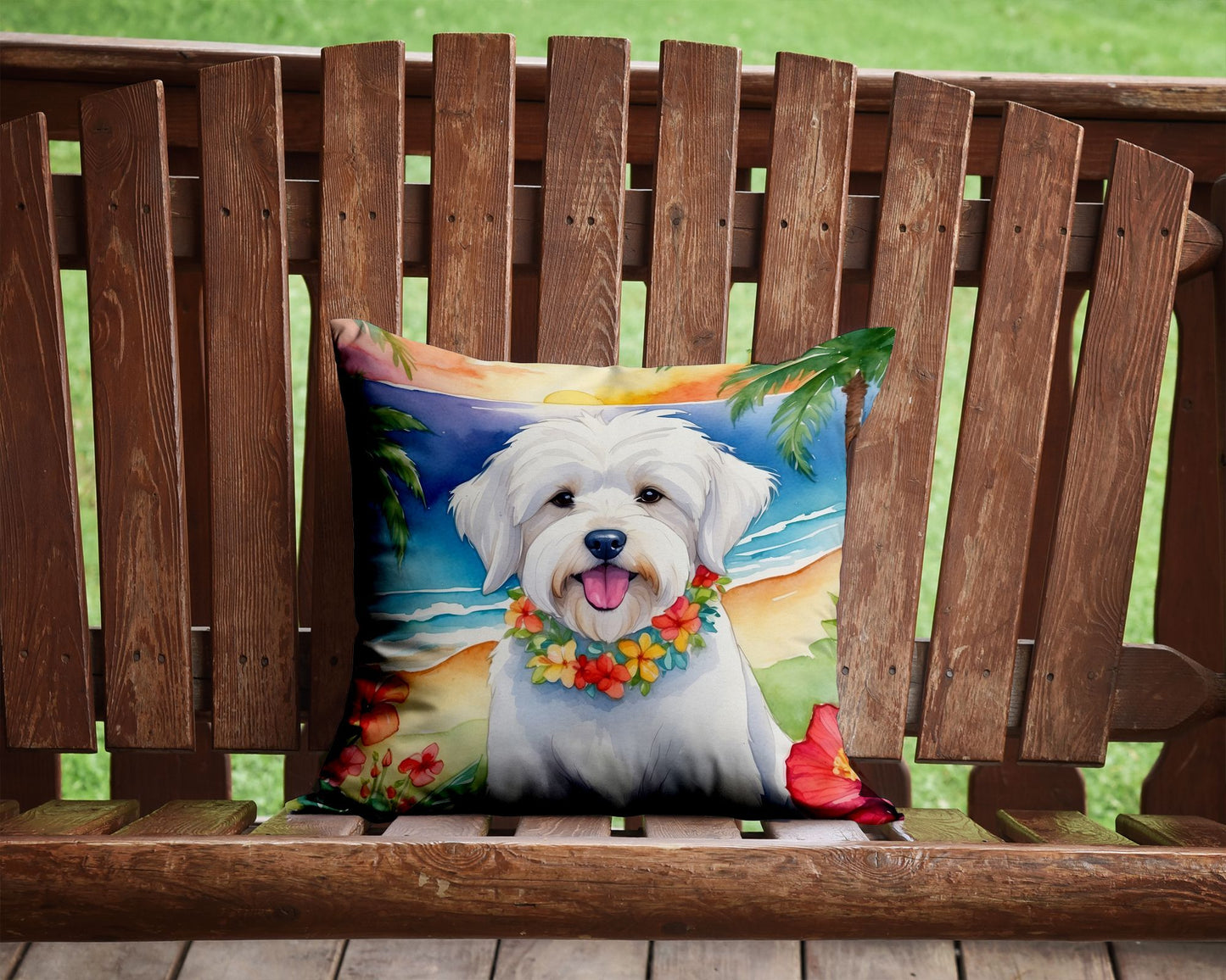 Coton de Tulear Luau Throw Pillow Machine Washable, Indoor Outdoor Decorative Pillow for Couch, Bed or Patio, 14Hx14W
