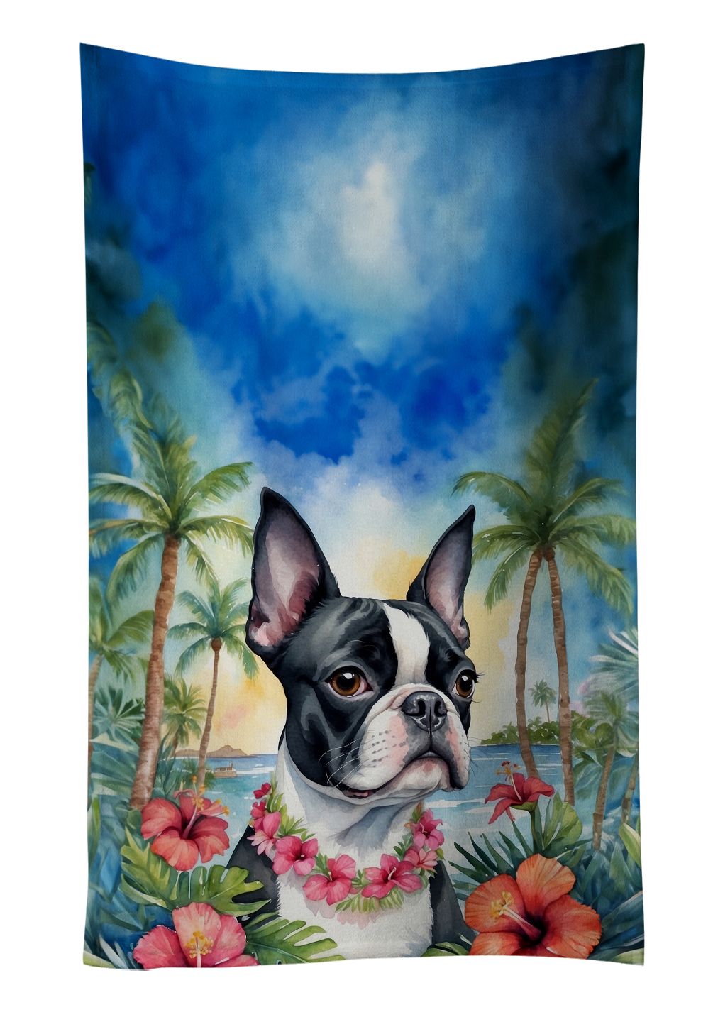 Boston Terrier Luau Kitchen Towel Dish Cloths Guest Hand Towel Decorative Bathroom Towel for Face,Tea, Dishcloth, Kitchen and Bath