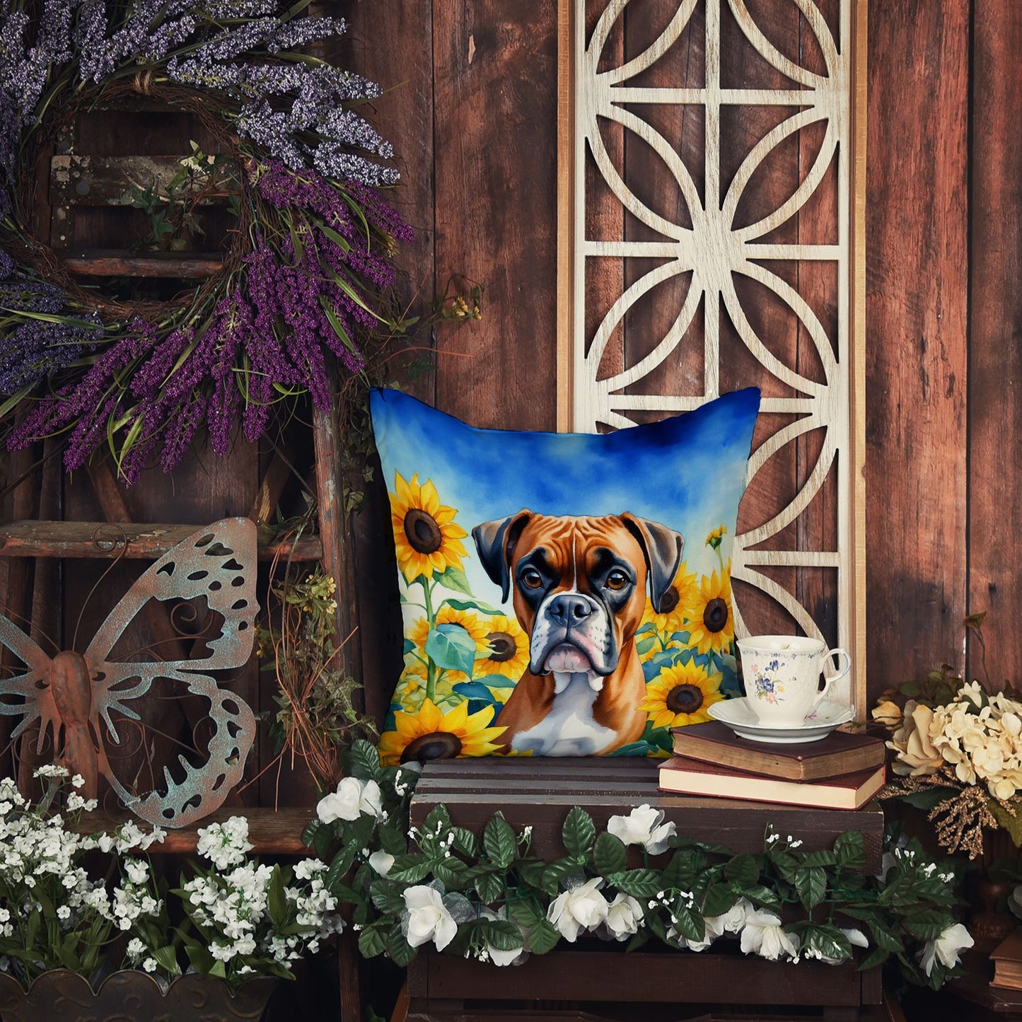 Boxer in Sunflowers Throw Pillow Machine Washable, Indoor Outdoor Decorative Pillow for Couch, Bed or Patio, 18Hx18W