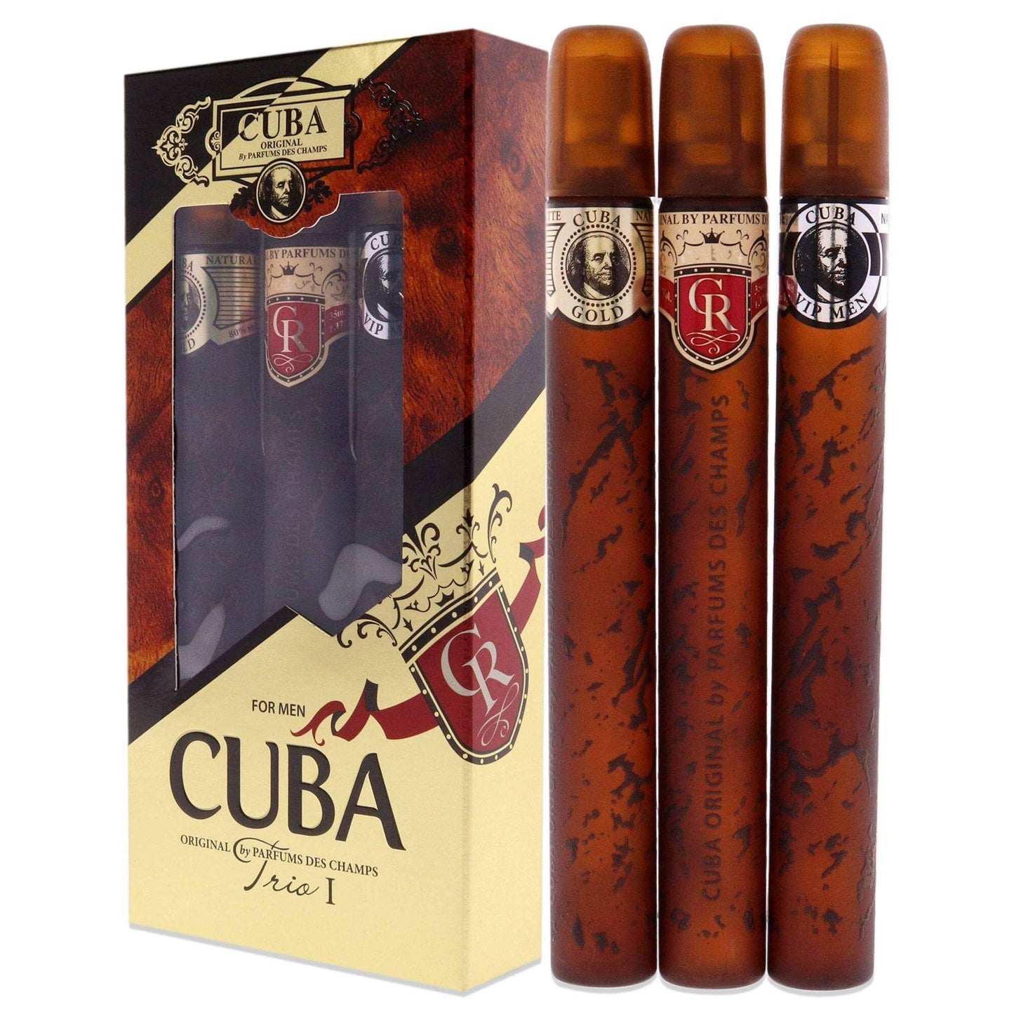 Cuba Trio 1 by Cuba for Men - 3 Pc Gift Set 1.17oz Cuba Gold EDT Spray, 1.17oz Cuba Royal EDT Spray, 1.17oz Cuba VIP EDT Spray