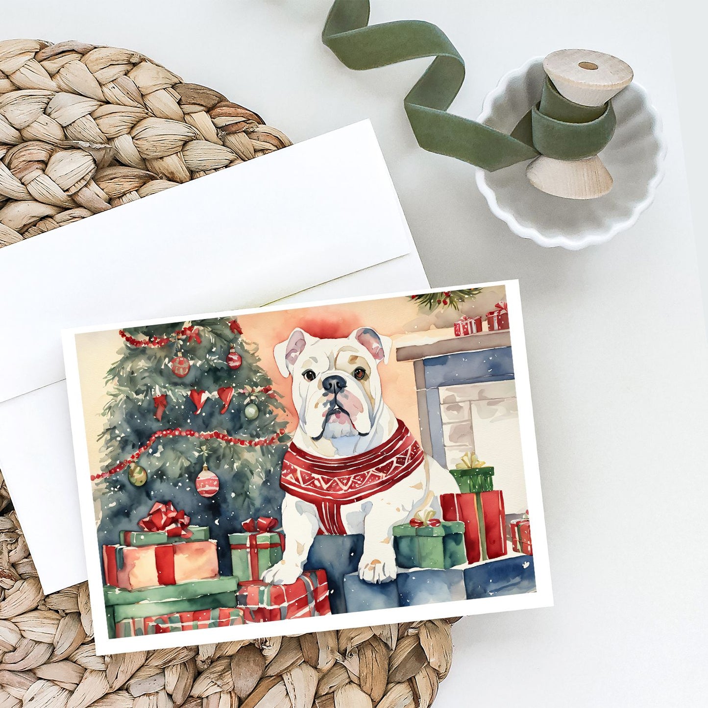 White English Bulldog Christmas Greeting Cards Pack of 8 Blank Cards with Envelopes Whimsical A7 Size 5x7 Blank Note Cards