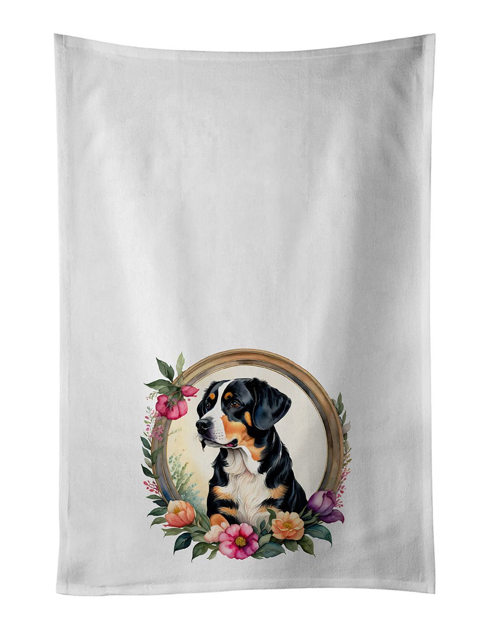 Entlebucher Mountain Dog and Flowers Kitchen Towel Set of 2 White Dish Towels Decorative Bathroom Hand towel for Hand, Face, Hair, Yoga, Tea, Dishcloth, 19 X 28", White
