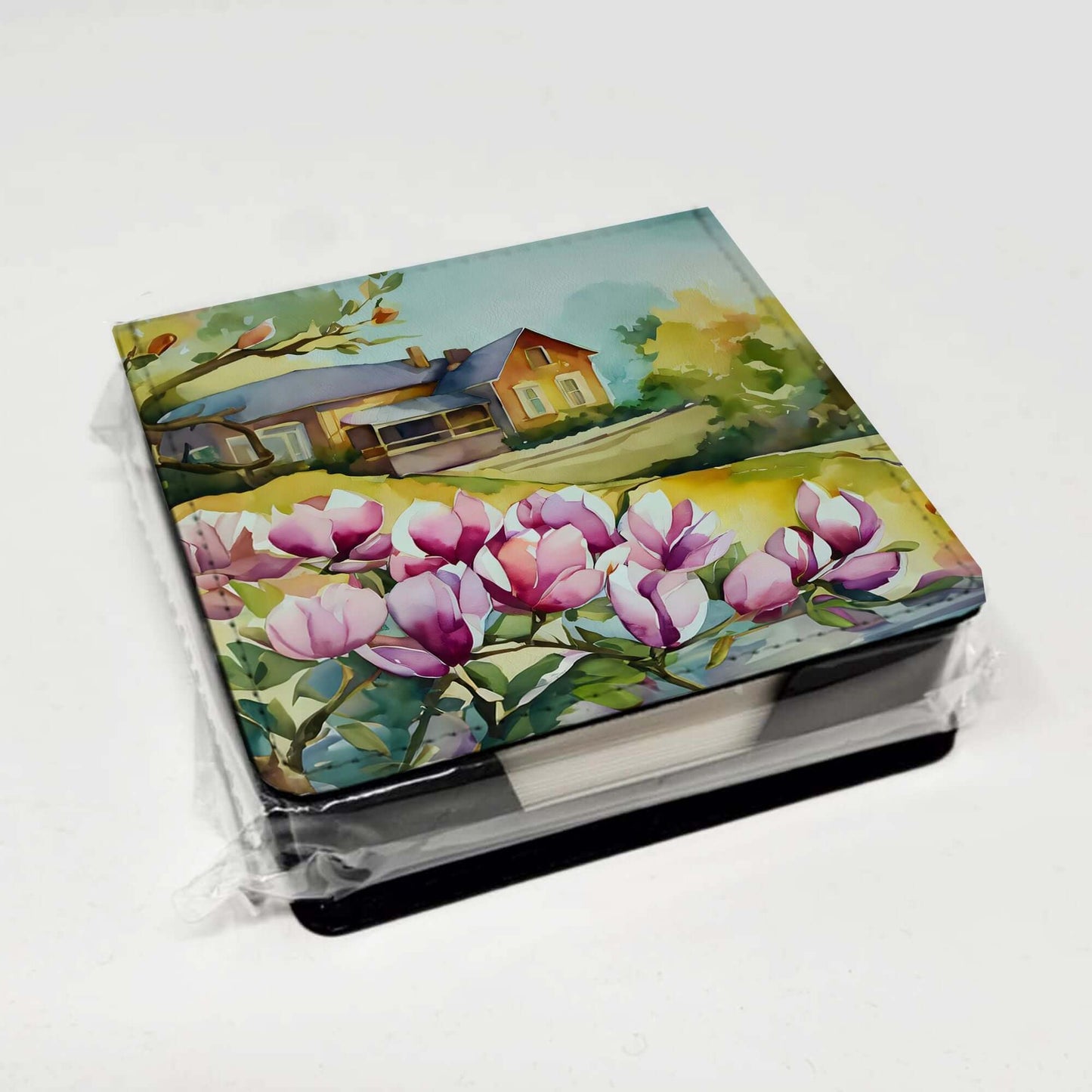 Louisiana Magnolias in Watercolor PU Leather Note Paper Holder with Artist-Designed Cover, Desk Accessory, Office Gift