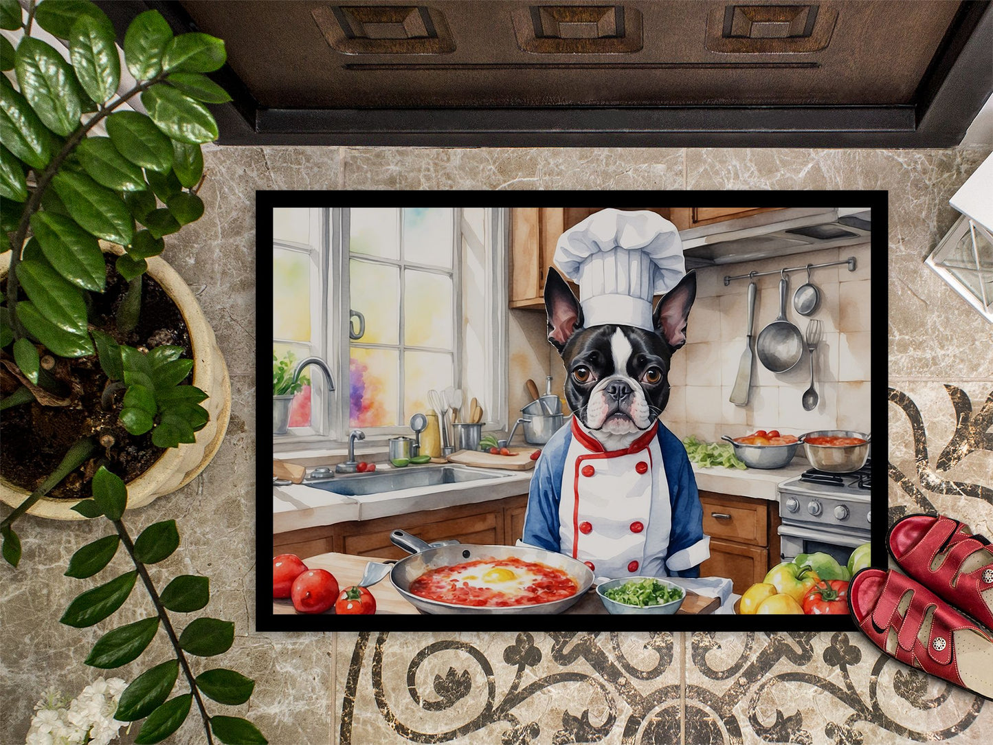 Boston Terrier The Chef Doormat Front Door Mat Indoor Outdoor Rugs for Entryway, Non Slip Washable Low Pile, 24H X 36W
