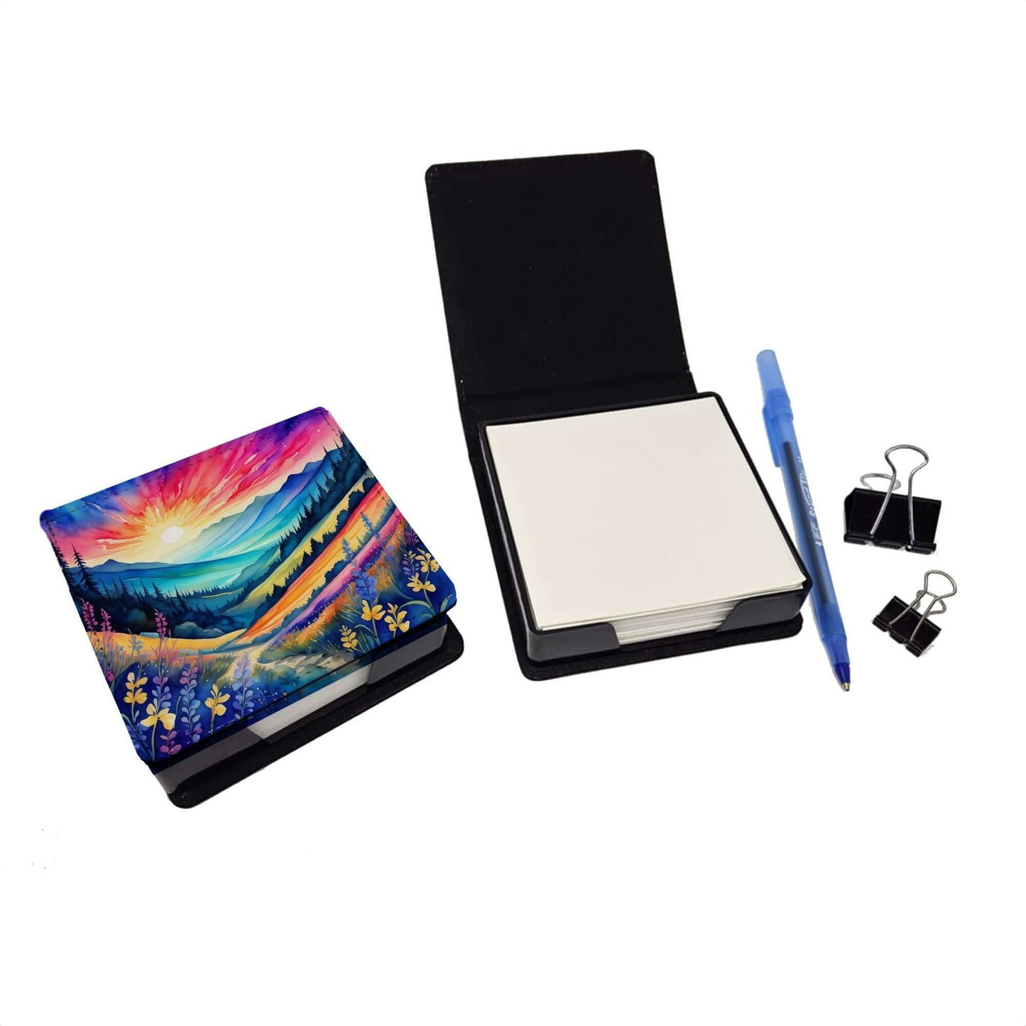 Colorful Annual Larkspur PU Leather Note Paper Holder with Artist-Designed Cover, Desk Accessory, Office Gift