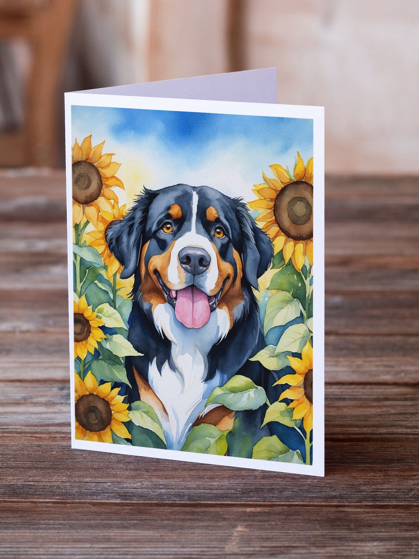 Bernese Mountain Dog in Sunflowers Greeting Cards Pack of 8 Blank Cards with Envelopes Whimsical A7 Size 5x7 Blank Note Cards