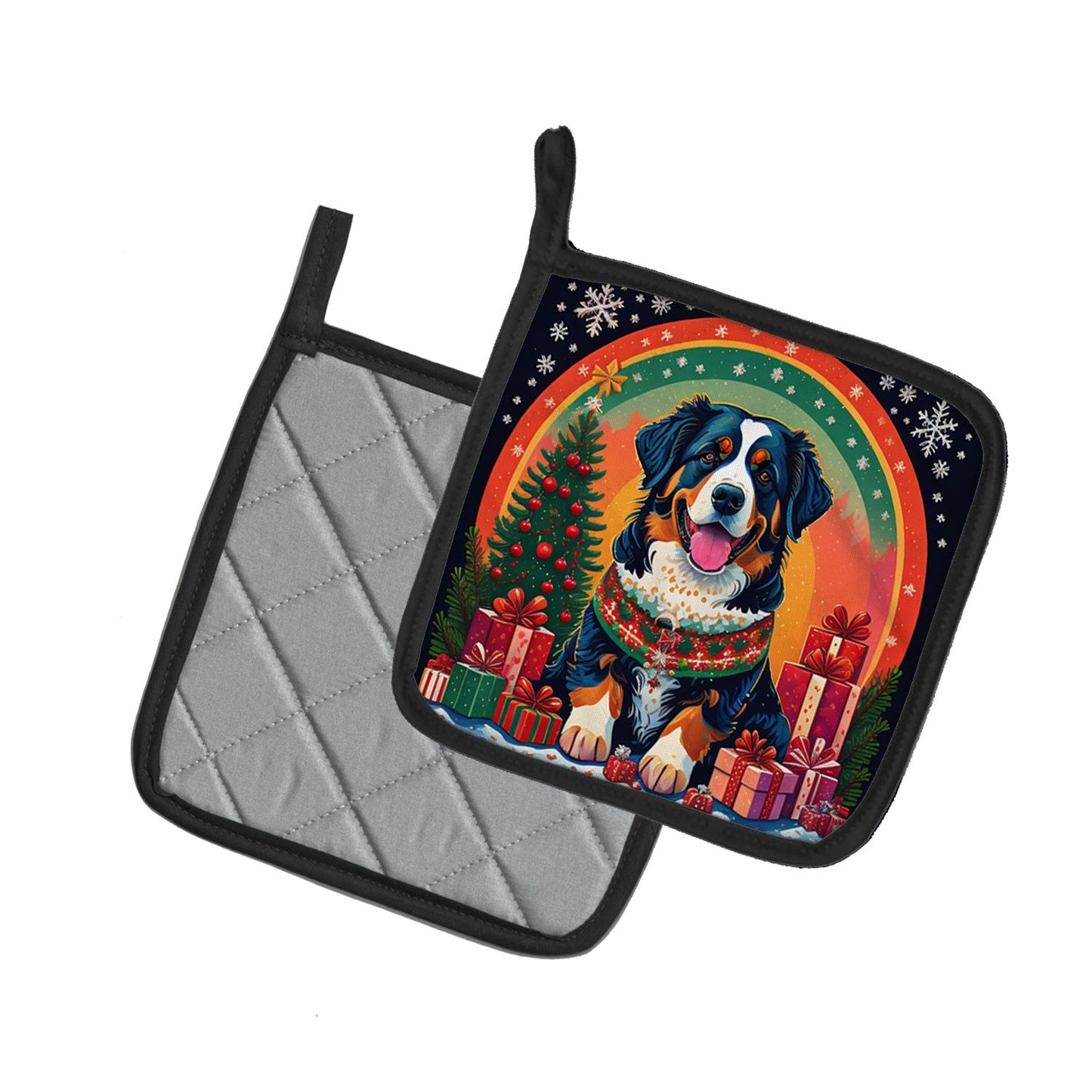 Bernese Mountain Dog Christmas Pair of Pot Holders Kitchen Heat Resistant Pot Holders Sets Oven Hot Pads for Cooking Baking BBQ, 7 1/2 x 7 1/2