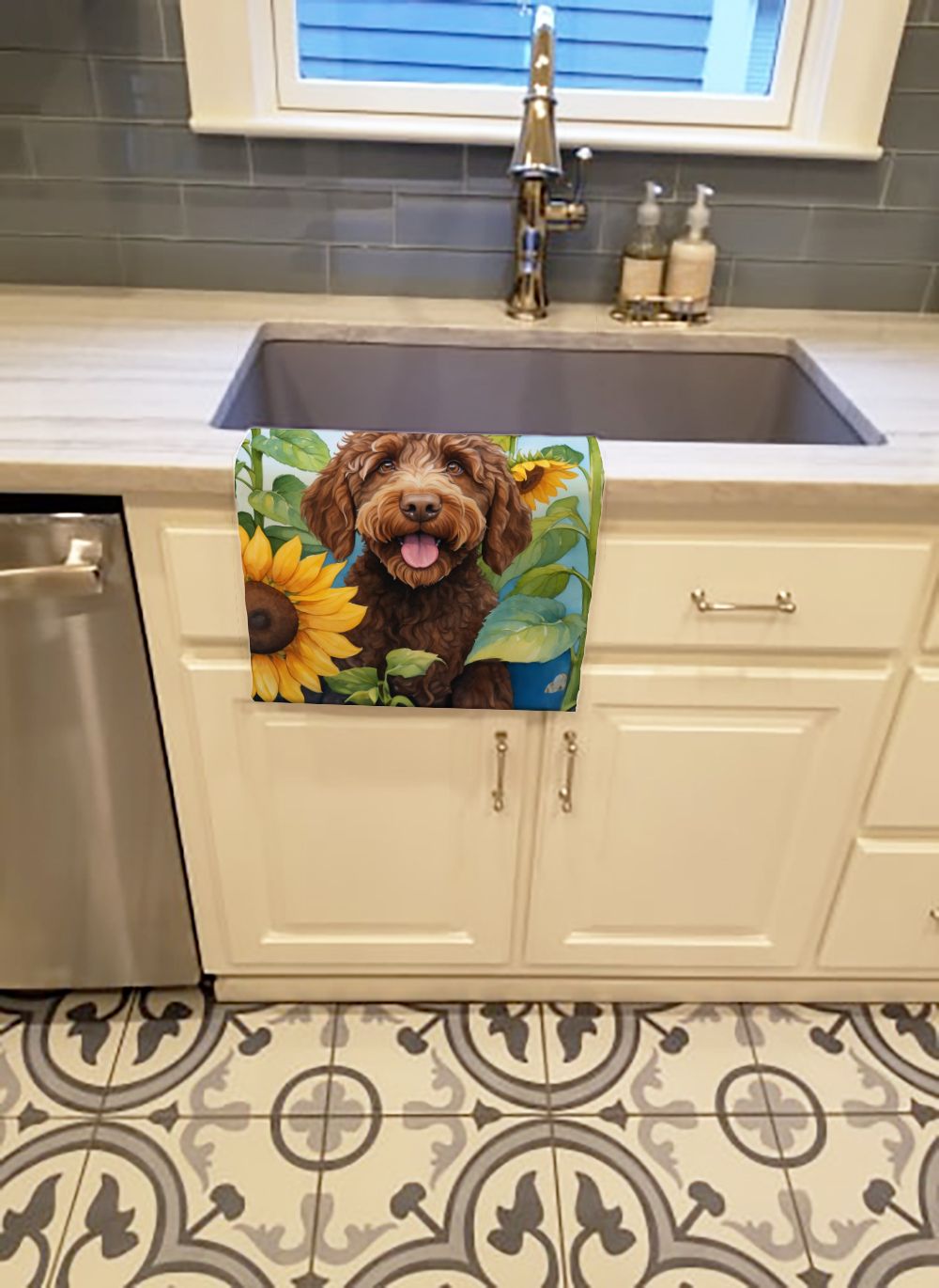 Labradoodle in Sunflowers Kitchen Towel Dish Cloths Guest Hand Towel Decorative Bathroom Towel for Face,Tea, Dishcloth, Kitchen and Bath