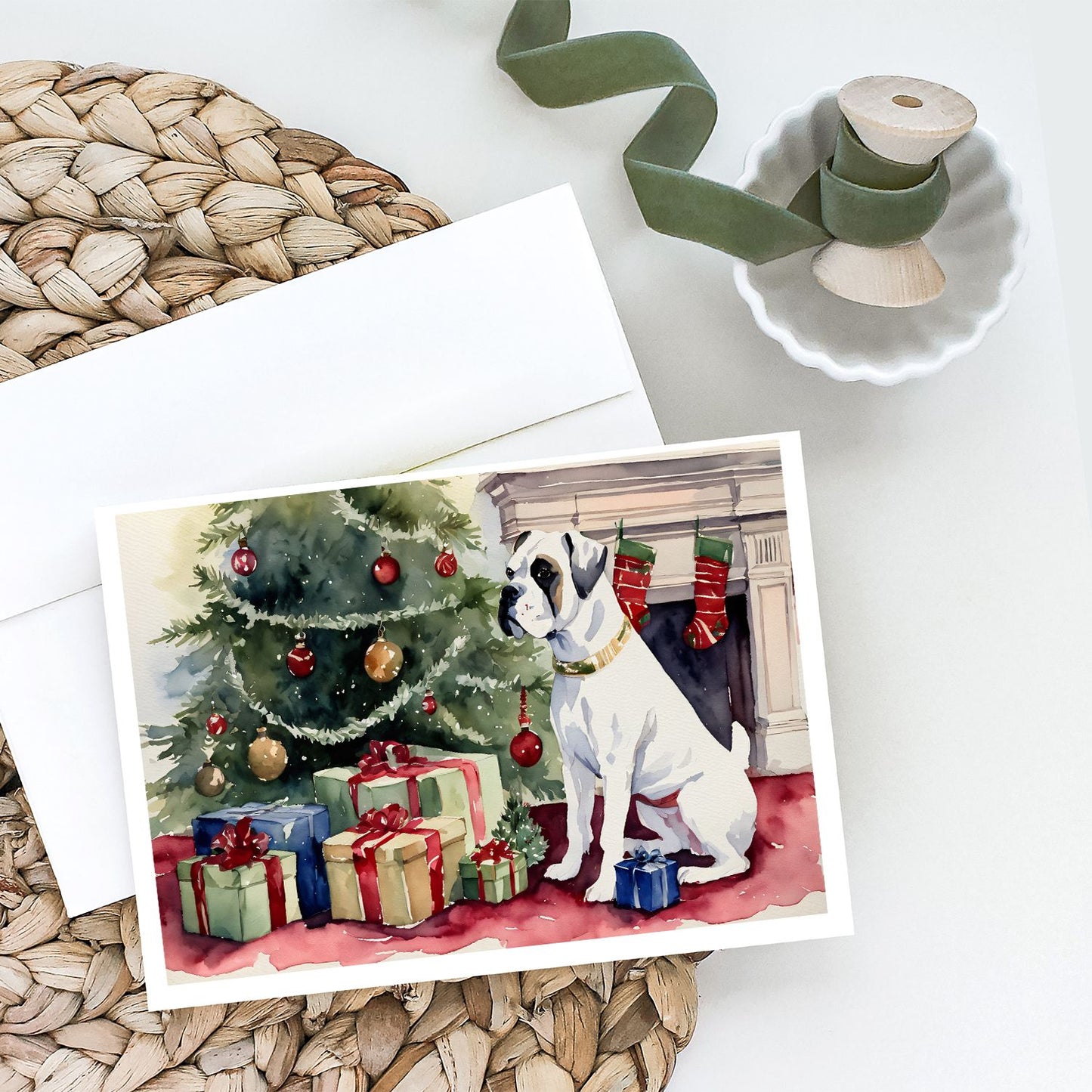 White Boxer Christmas Greeting Cards Pack of 8 Blank Cards with Envelopes Whimsical A7 Size 5x7 Blank Note Cards