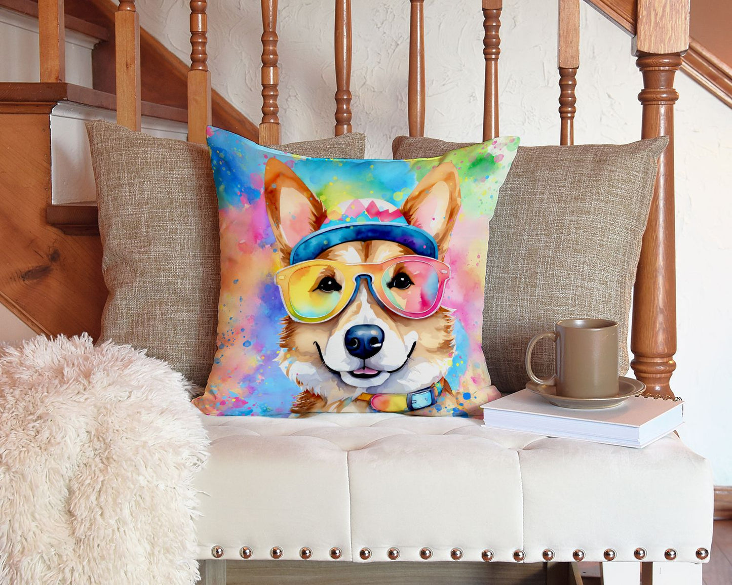 Corgi Hippie Dawg Throw Pillow Machine Washable, Indoor Outdoor Decorative Pillow for Couch, Bed or Patio, 14Hx14W