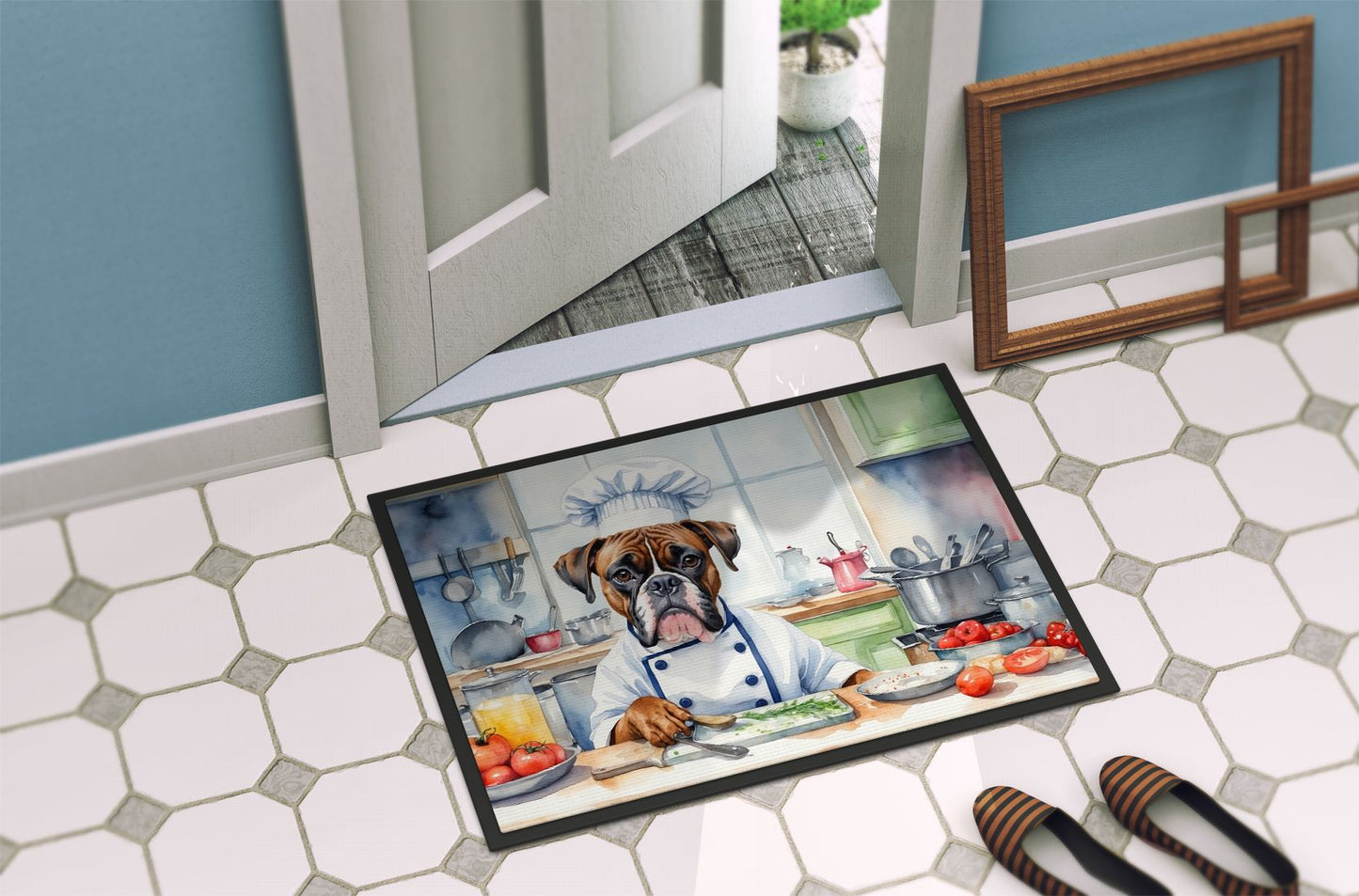 Boxer The Chef Doormat Front Door Mat Indoor Outdoor Rugs for Entryway, Non Slip Washable Low Pile, 24H X 36W