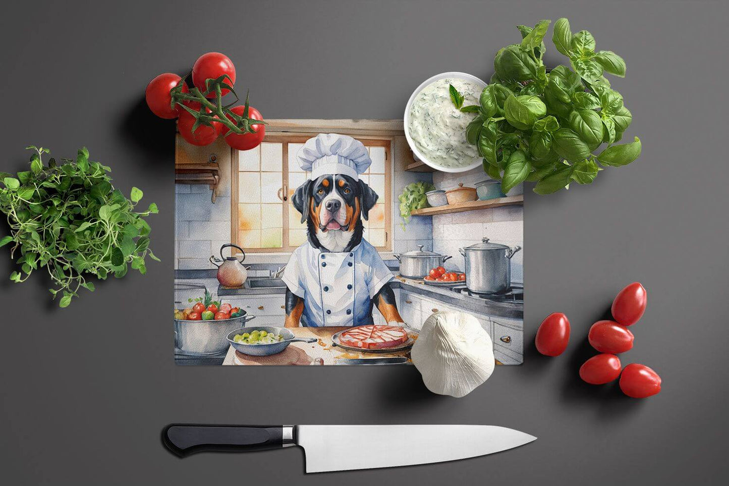 Greater Swiss Mountain Dog The Chef Glass Cutting Board Decorative Tempered Glass Kitchen Cutting and Serving Board Large Size Chopping Board