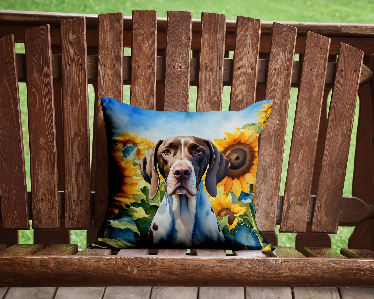 Pointer in Sunflowers Throw Pillow Machine Washable, Indoor Outdoor Decorative Pillow for Couch, Bed or Patio, 14Hx14W