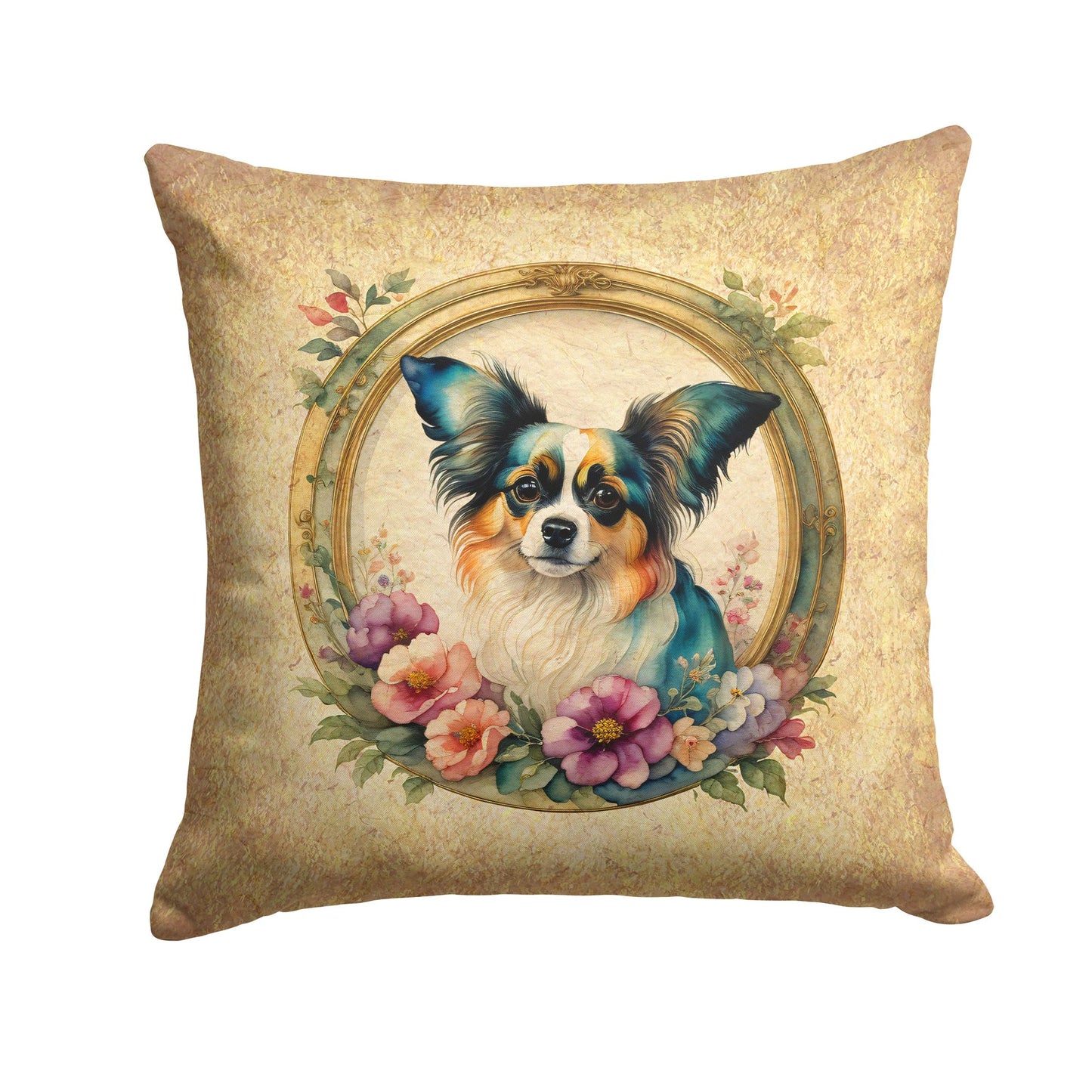 Papillon and Flowers Throw Pillow Machine Washable, Indoor Outdoor Decorative Pillow for Couch, Bed or Patio, 14Hx14W