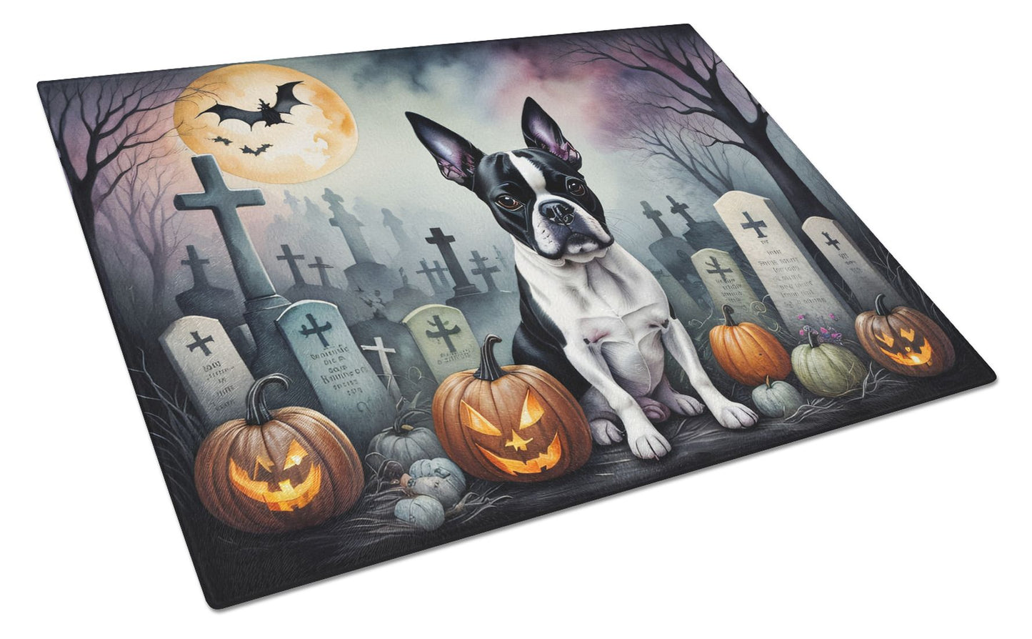 NEW Boston Terrier Spooky Halloween Glass Cutting Board Decorative Tempered Glass Kitchen Cutting and Serving Board Large Size Chopping Board