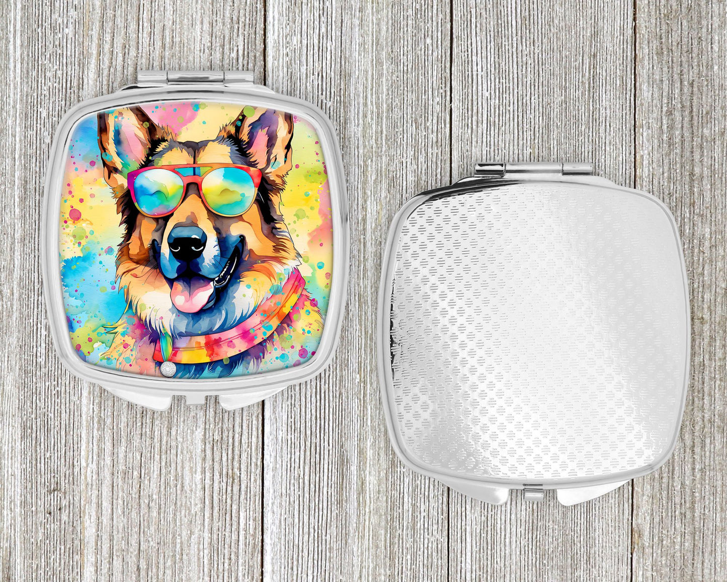 German Shepherd Hippie Dawg Compact Mirror Decorative Travel Makeup Mirror for Women Girls Gifts Pocket Makeup Mirror Folding Handheld