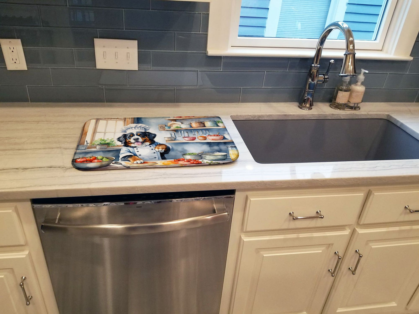 Bernese Mountain Dog The Chef Dish Drying Mat Absorbent Dish Drying Mat Pad for Kitchen Counter Dish Drainer Mat for Countertop, 14 x 21", Multicolor