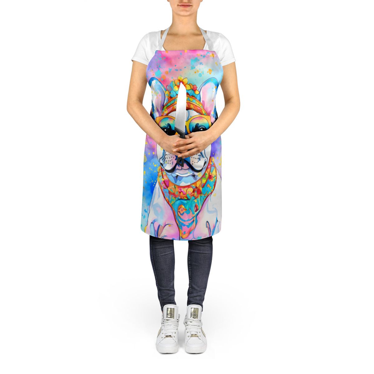 French Bulldog Hippie Dawg Apron Cooking Kitchen Server Baking Crafts Gardening for Adult Women Men, Unisex, Large, Multicolor