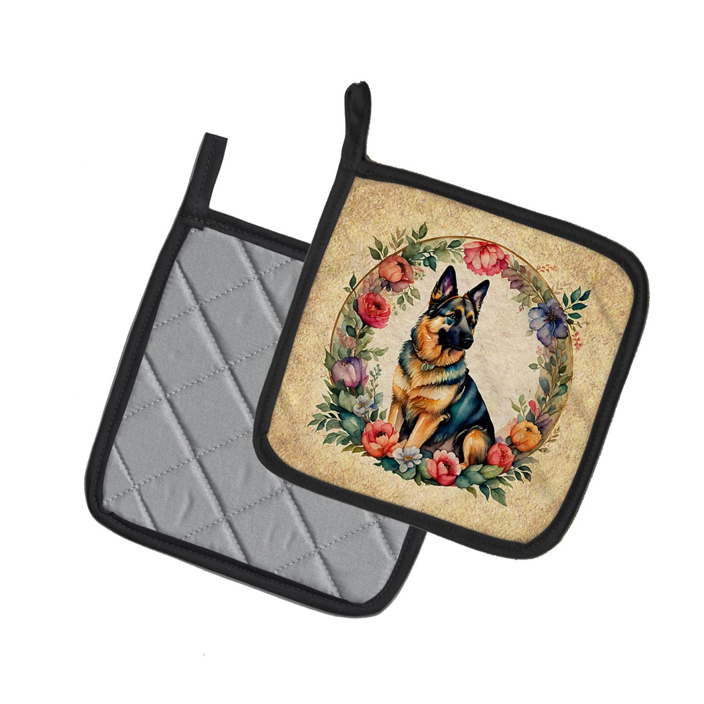 German Shepherd and Flowers Pair of Pot Holders Kitchen Heat Resistant Pot Holders Sets Oven Hot Pads for Cooking Baking BBQ, 7 1/2 x 7 1/2