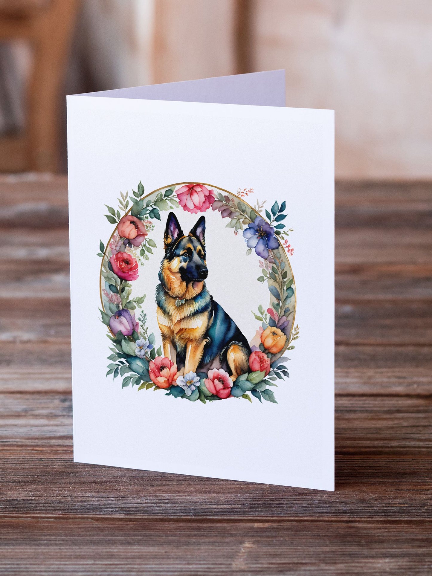 German Shepherd and Flowers Greeting Cards Pack of 8 Blank Cards with Envelopes Whimsical A7 Size 5x7 Blank Note Cards