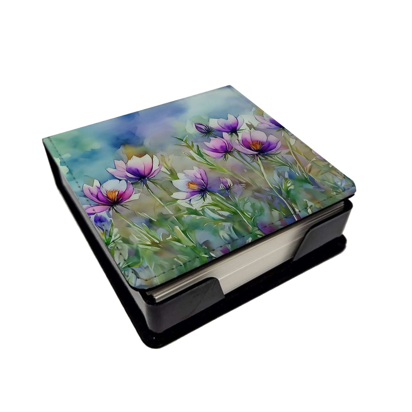 South Dakota Pasque Flowers in Watercolor PU Leather Note Paper Holder with Artist-Designed Cover, Desk Accessory, Office Gift