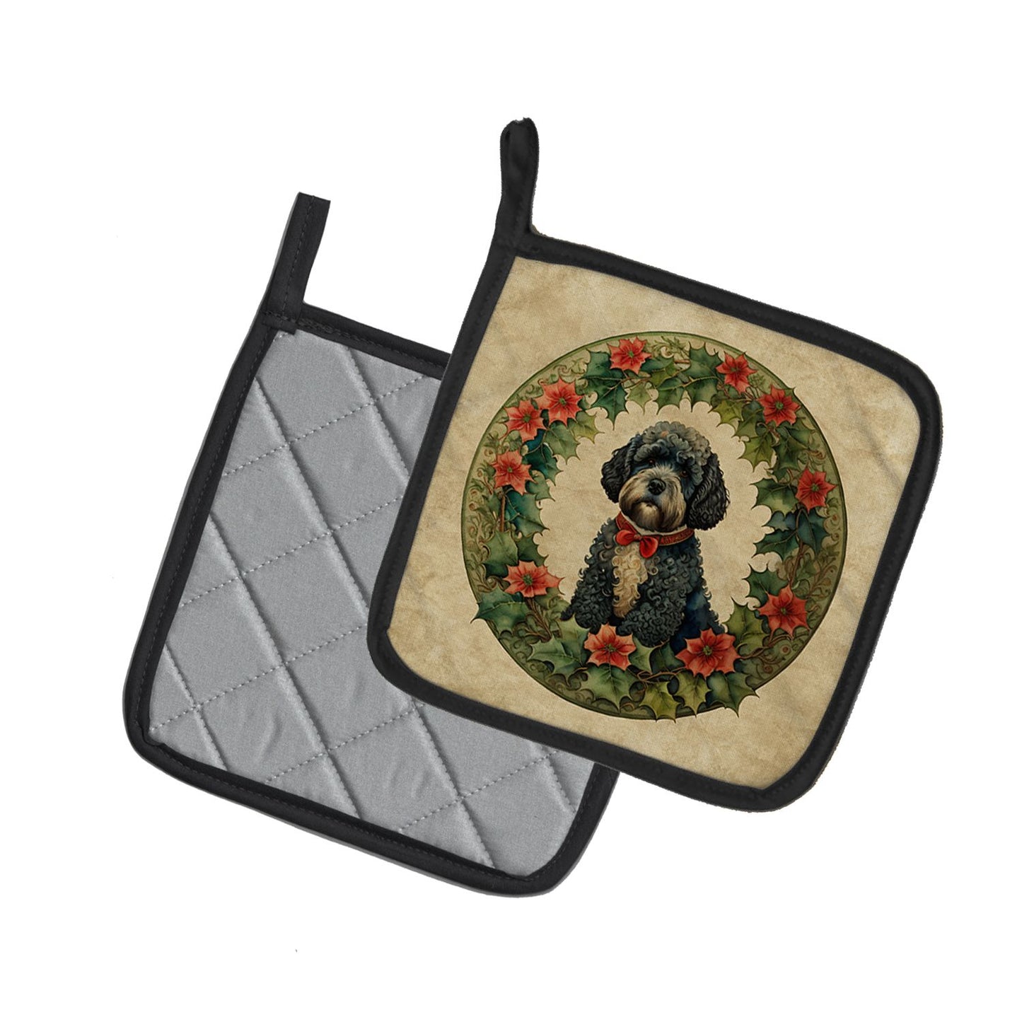 Portuguese Water Dog Christmas Flowers Pair of Pot Holders Kitchen Heat Resistant Pot Holders Sets Oven Hot Pads for Cooking Baking BBQ, 7 1/2 x 7 1/2