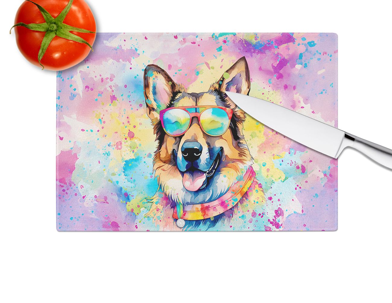 NEW German Shepherd Hippie Dawg Glass Cutting Board Decorative Tempered Glass Kitchen Cutting and Serving Board Large Size Chopping Board