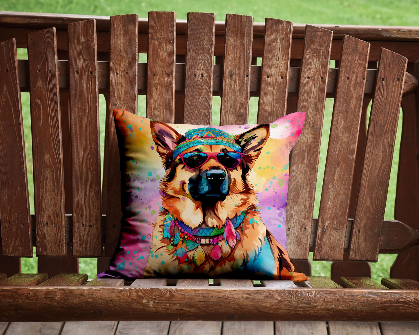 German Shepherd Hippie Dawg Throw Pillow Machine Washable, Indoor Outdoor Decorative Pillow for Couch, Bed or Patio, 14Hx14W