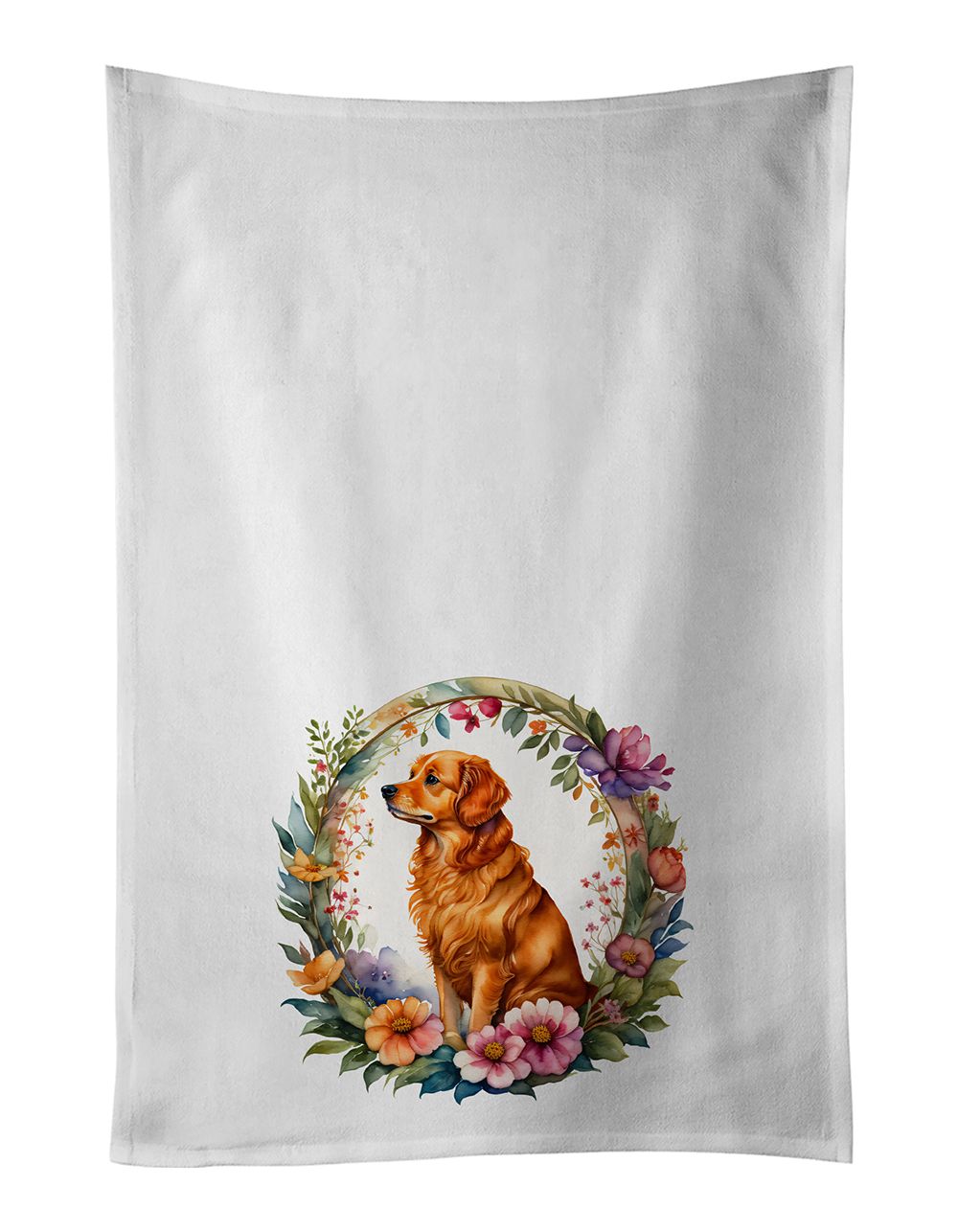Nova Scotia Duck Tolling Retriever and Flowers Kitchen Towel Set of 2 White Dish Towels Decorative Bathroom Hand towel for Hand, Face, Hair, Yoga, Tea, Dishcloth, 19 X 28", White