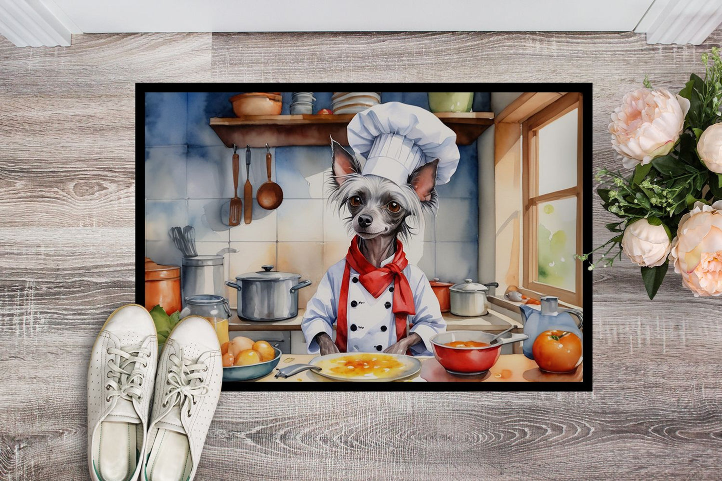 Chinese Crested The Chef Doormat Front Door Mat Indoor Outdoor Rugs for Entryway, Non Slip Washable Low Pile, 24H X 36W