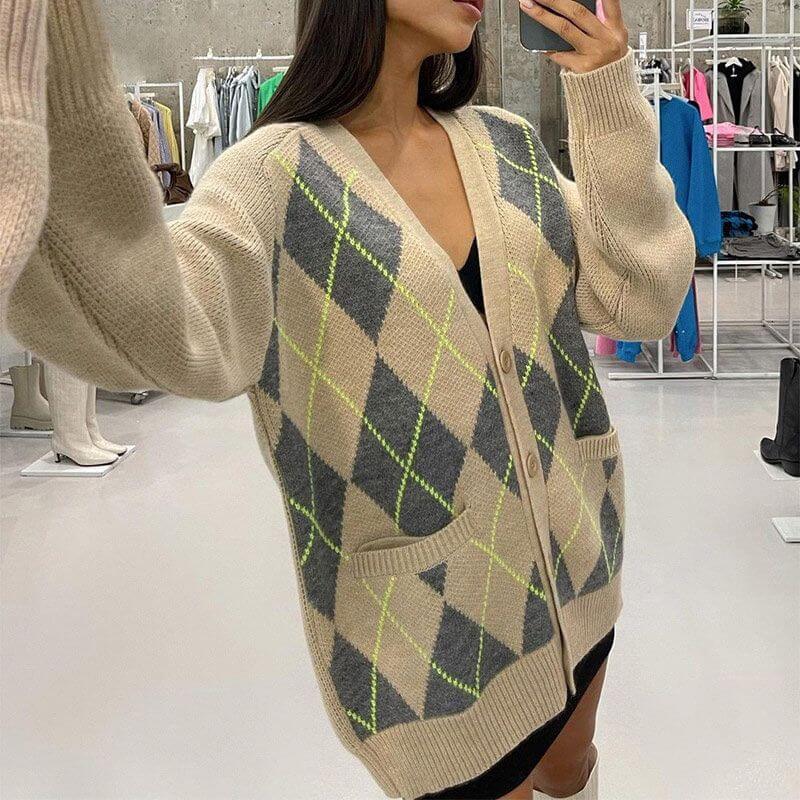 Oversized Argyle Cardigan Women Sweater Loose V-Neck Knitted Long Sleeve Y2K Sweaters Female 2021 Autumn Vintage Lady Basic Top - Clothes For Her Online Store