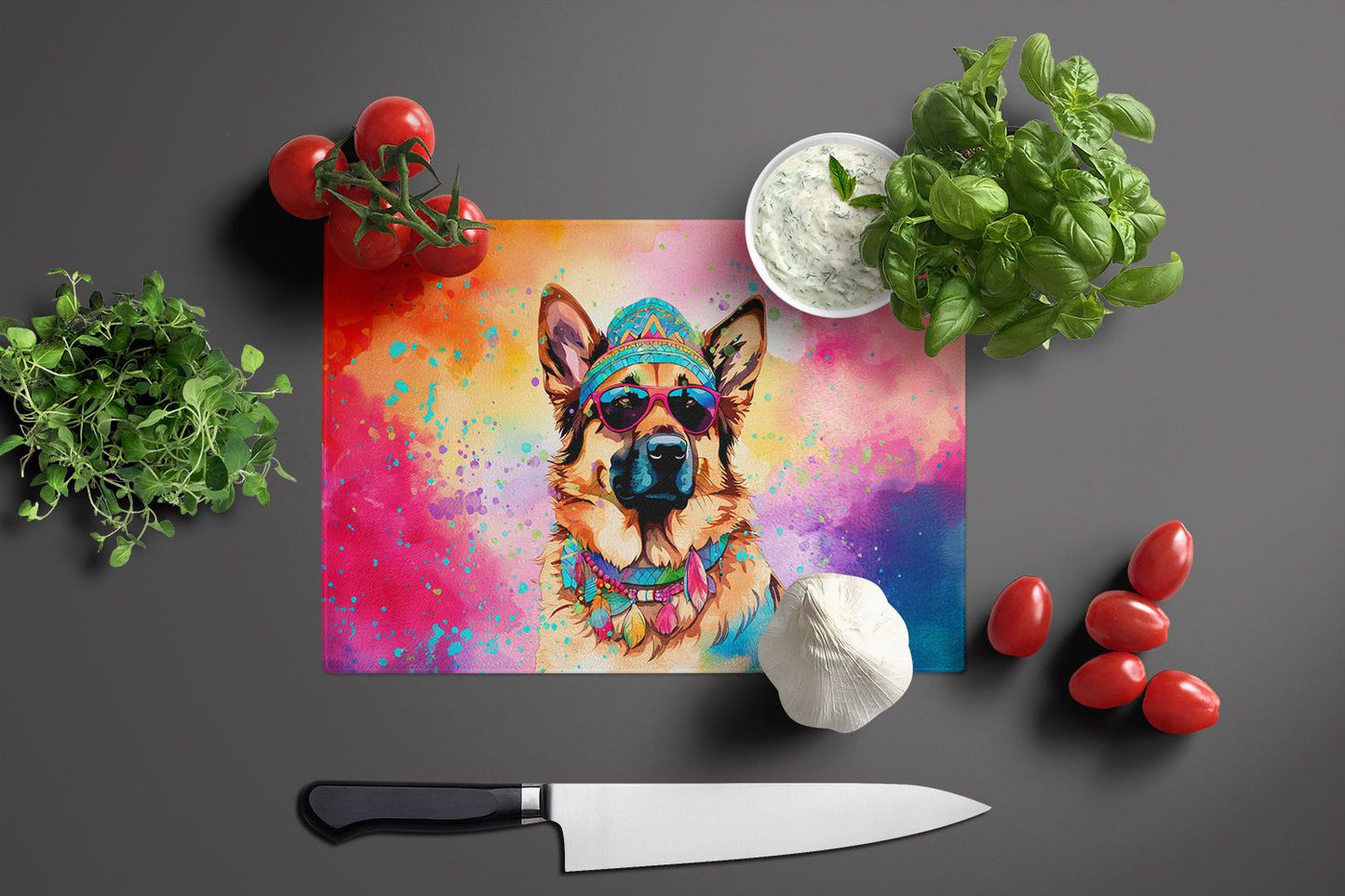 NEW German Shepherd Hippie Dawg Glass Cutting Board Decorative Tempered Glass Kitchen Cutting and Serving Board Large Size Chopping Board